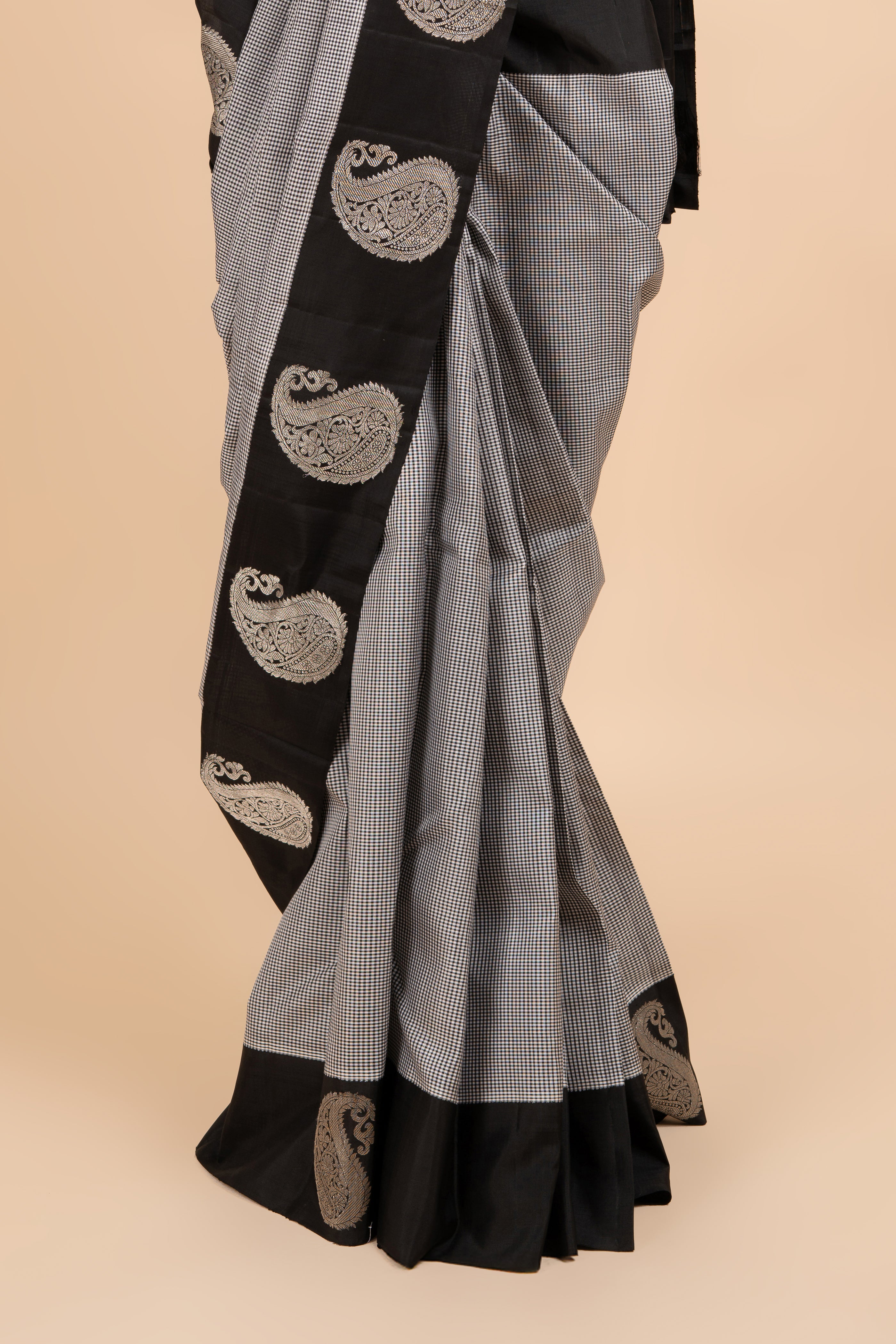 Heritage White and Black Checks Kanjeevaram