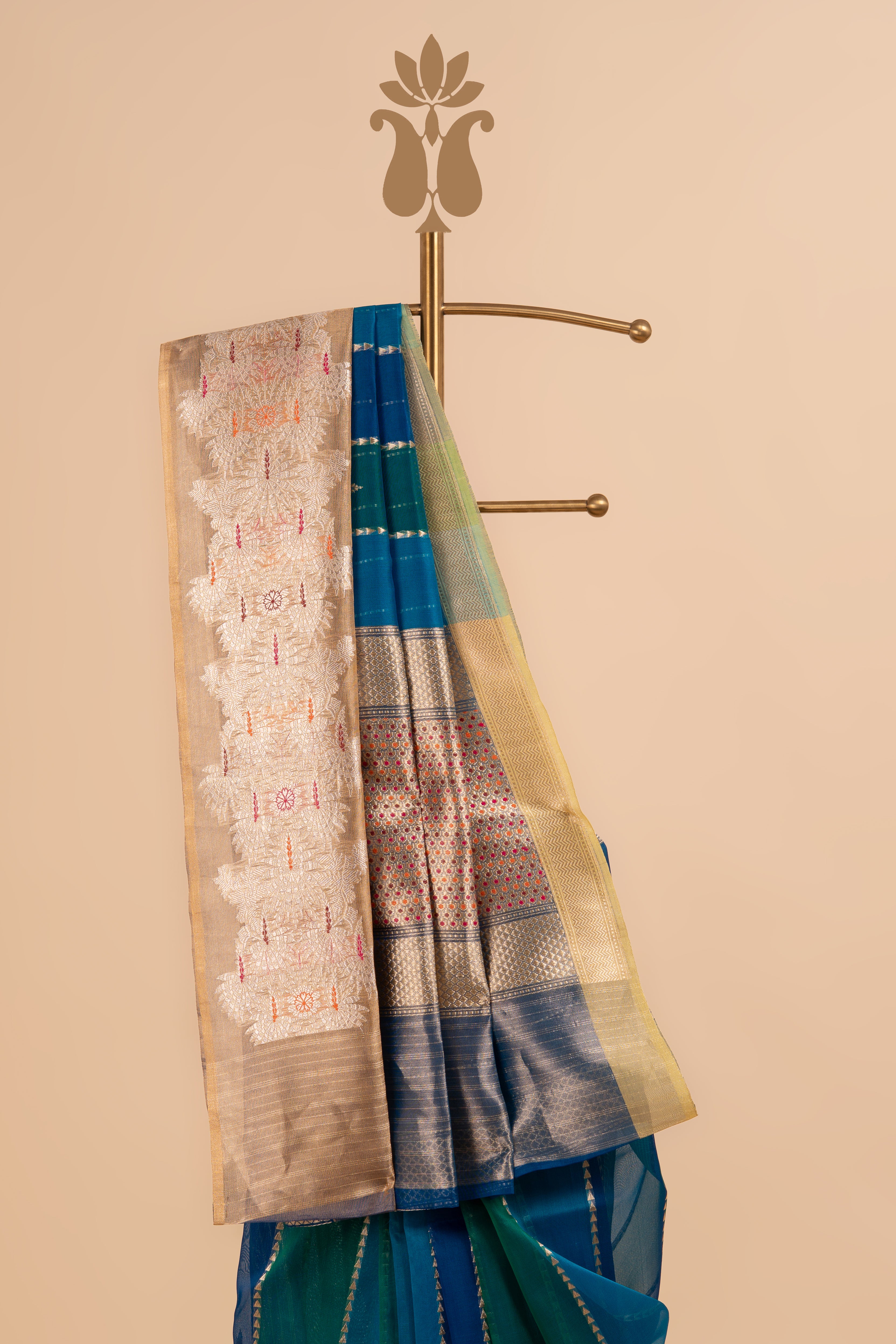 Luxury Peacock Blue Banarasi Kora Saree With Tissue Border