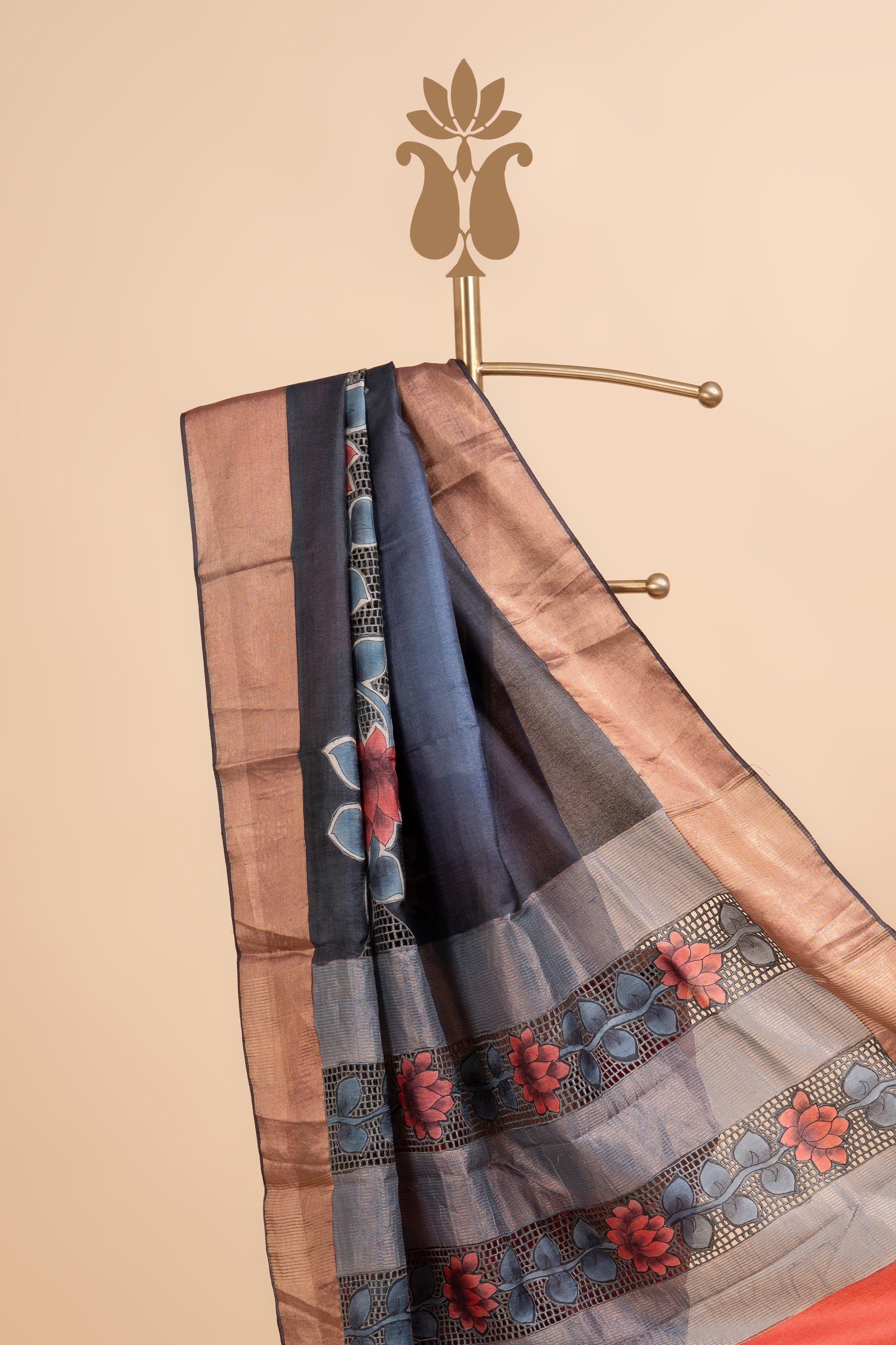 Greyish Blue Cutwork Tussar Silk Saree