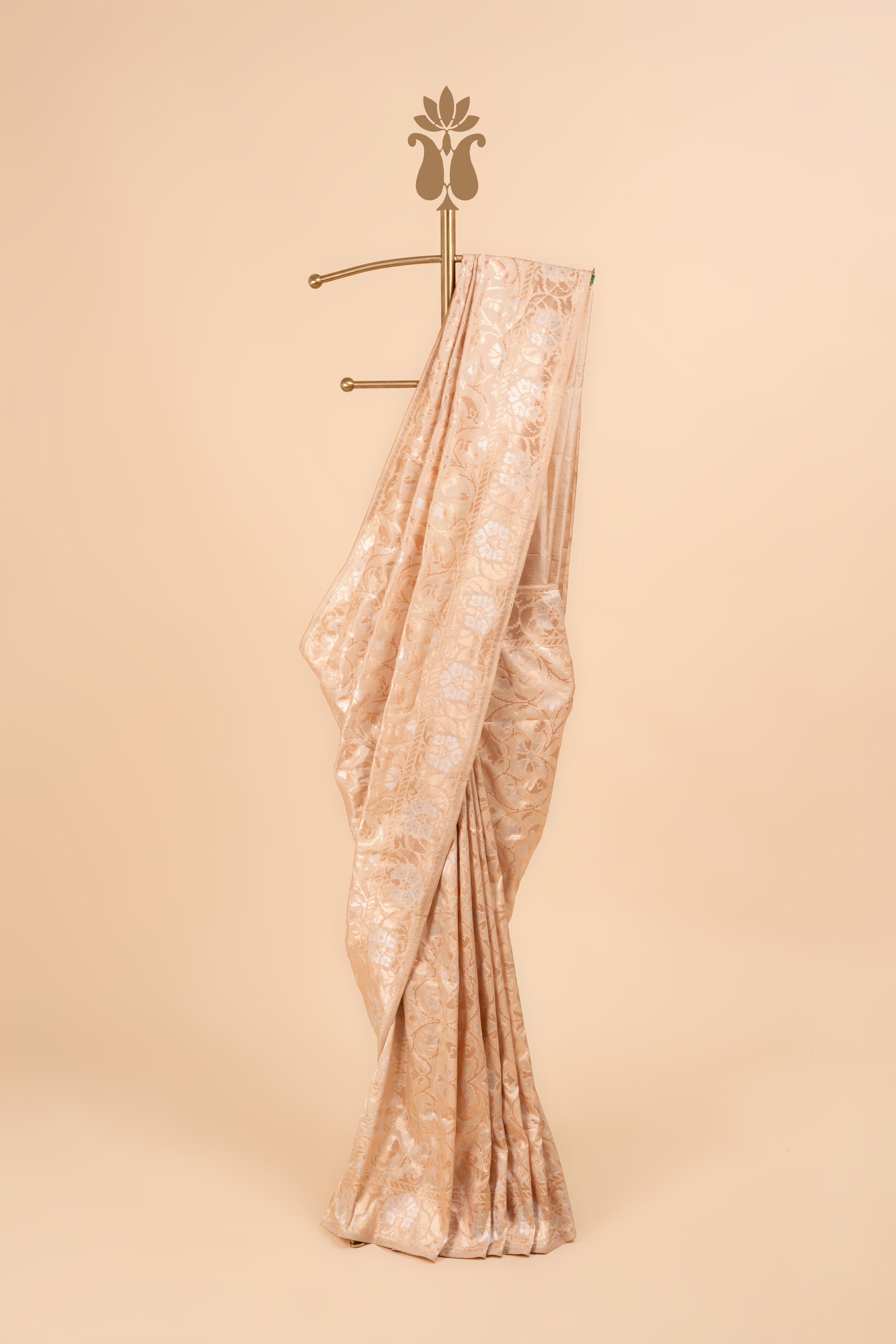 Ivory Banarasi Brocade With Rose Gold & Silver Zari Saree