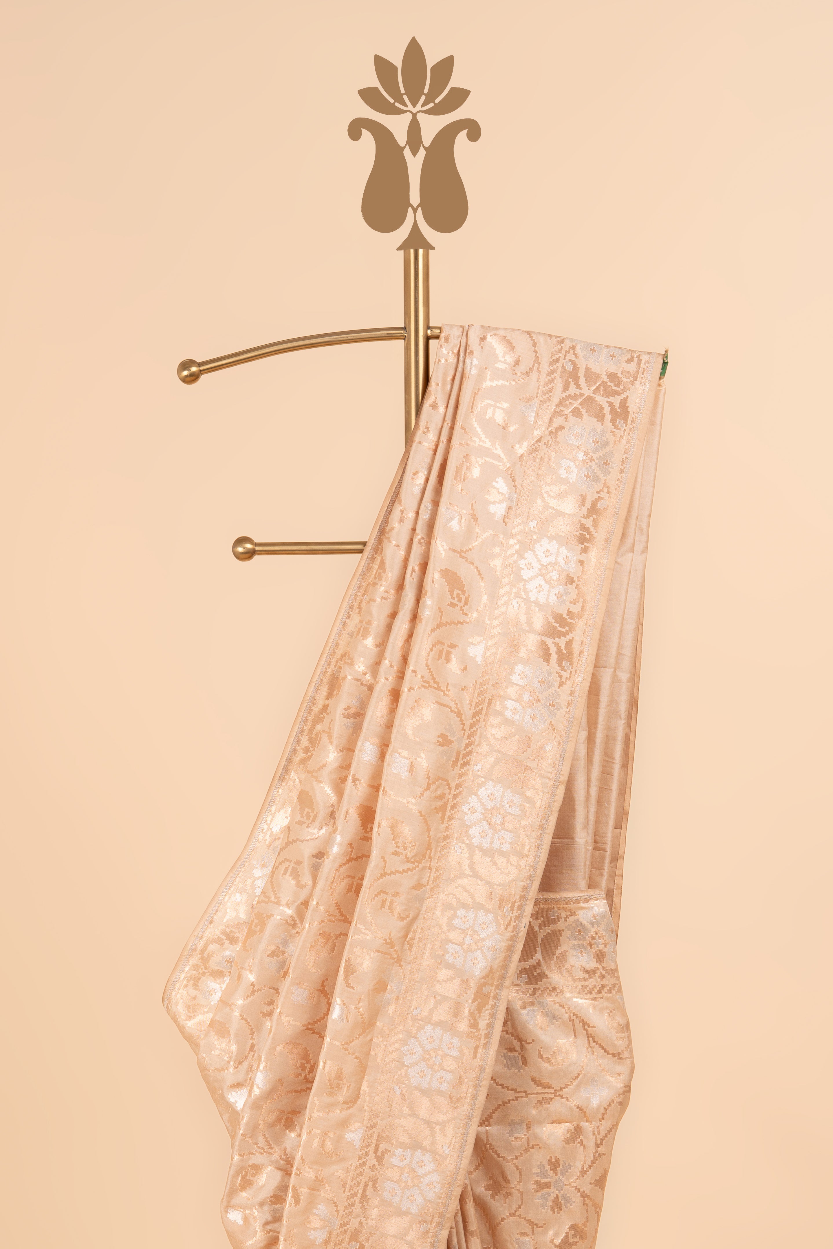 Ivory Banarasi Brocade With Rose Gold & Silver Zari Saree