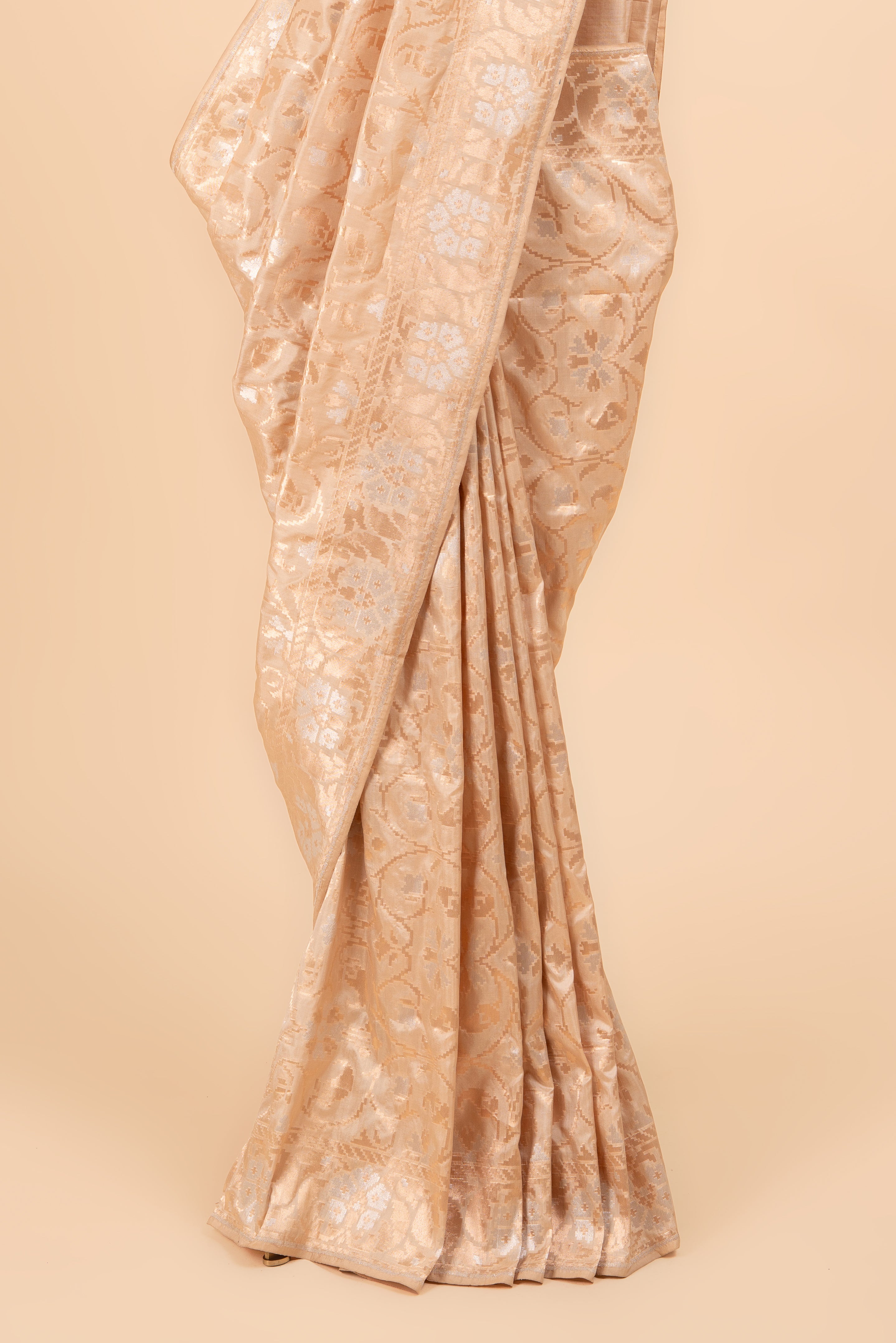 Ivory Banarasi Brocade With Rose Gold & Silver Zari Saree
