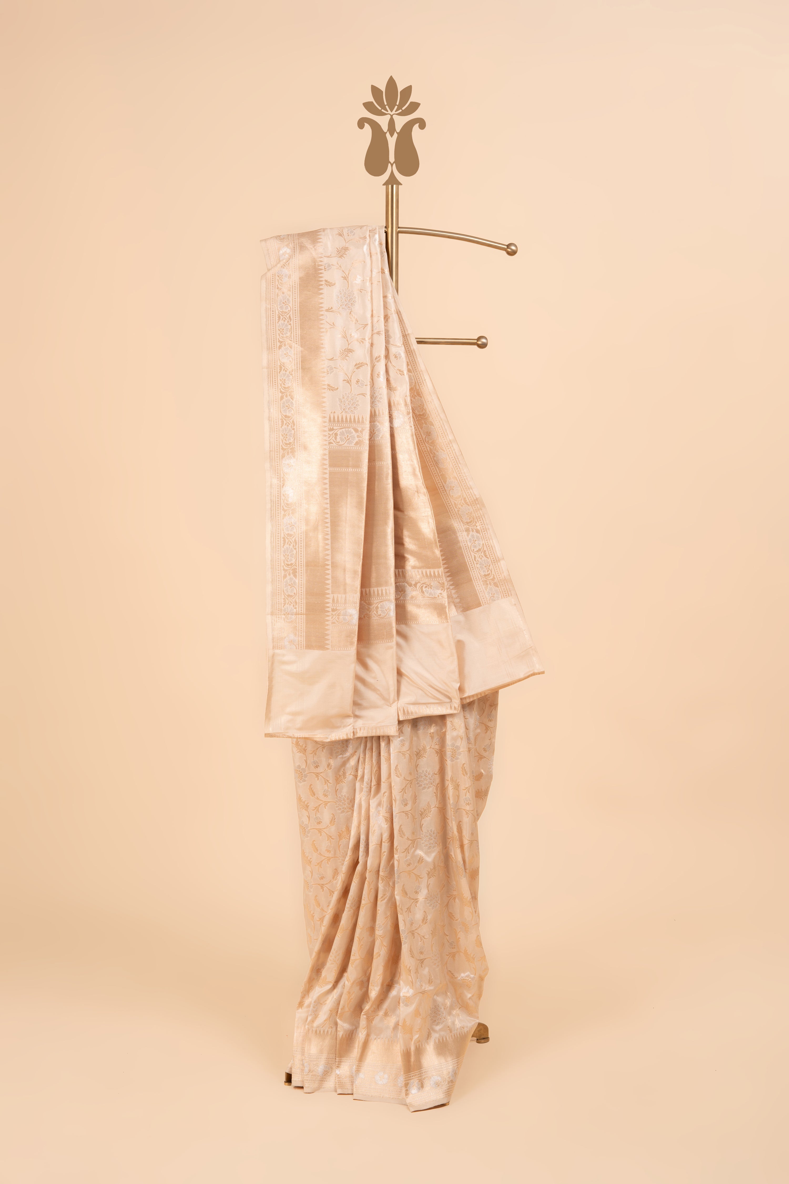 Ivory Banarasi Saree With Gold & Silver Zari And Temple Border