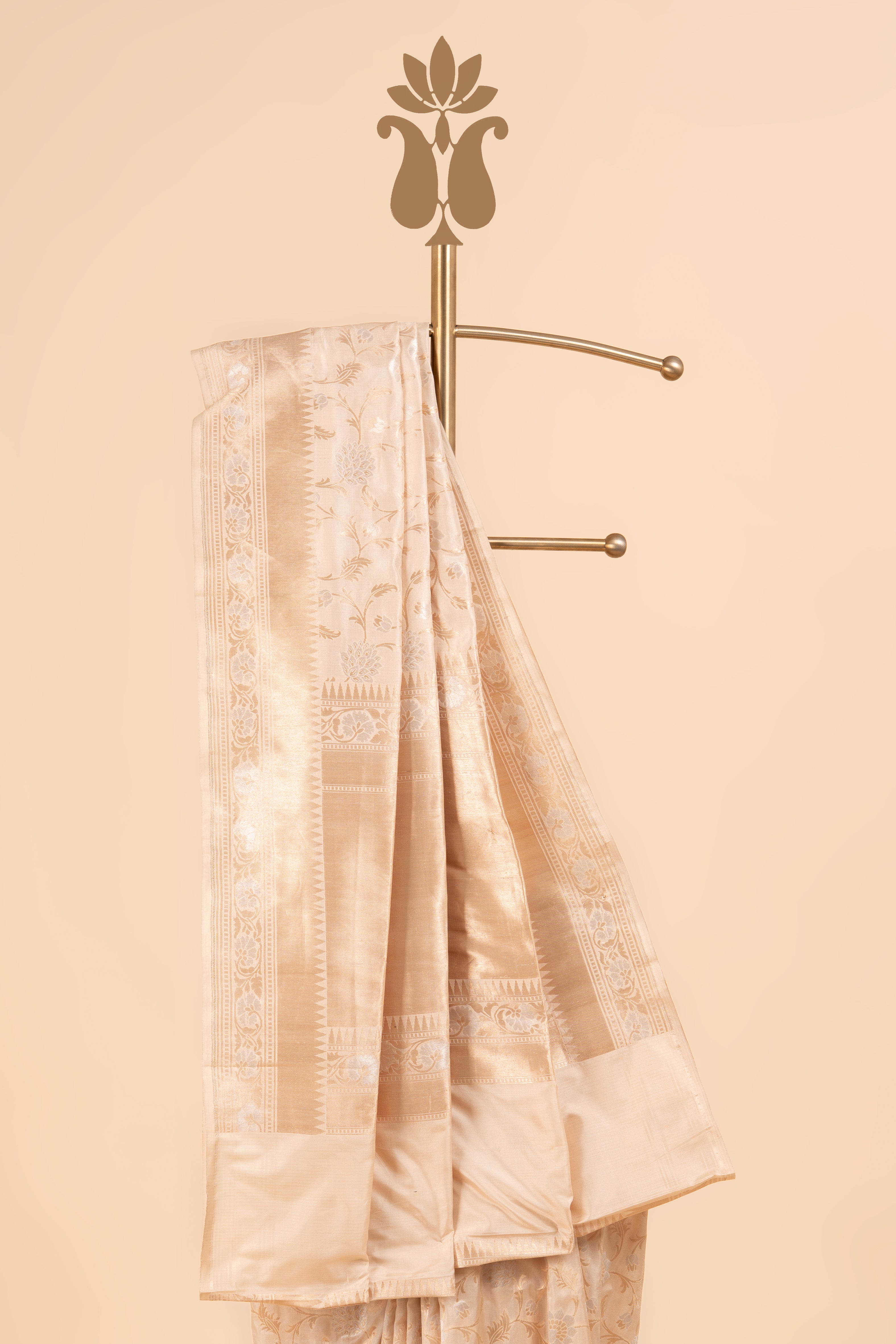 Ivory Banarasi Saree With Gold & Silver Zari And Temple Border