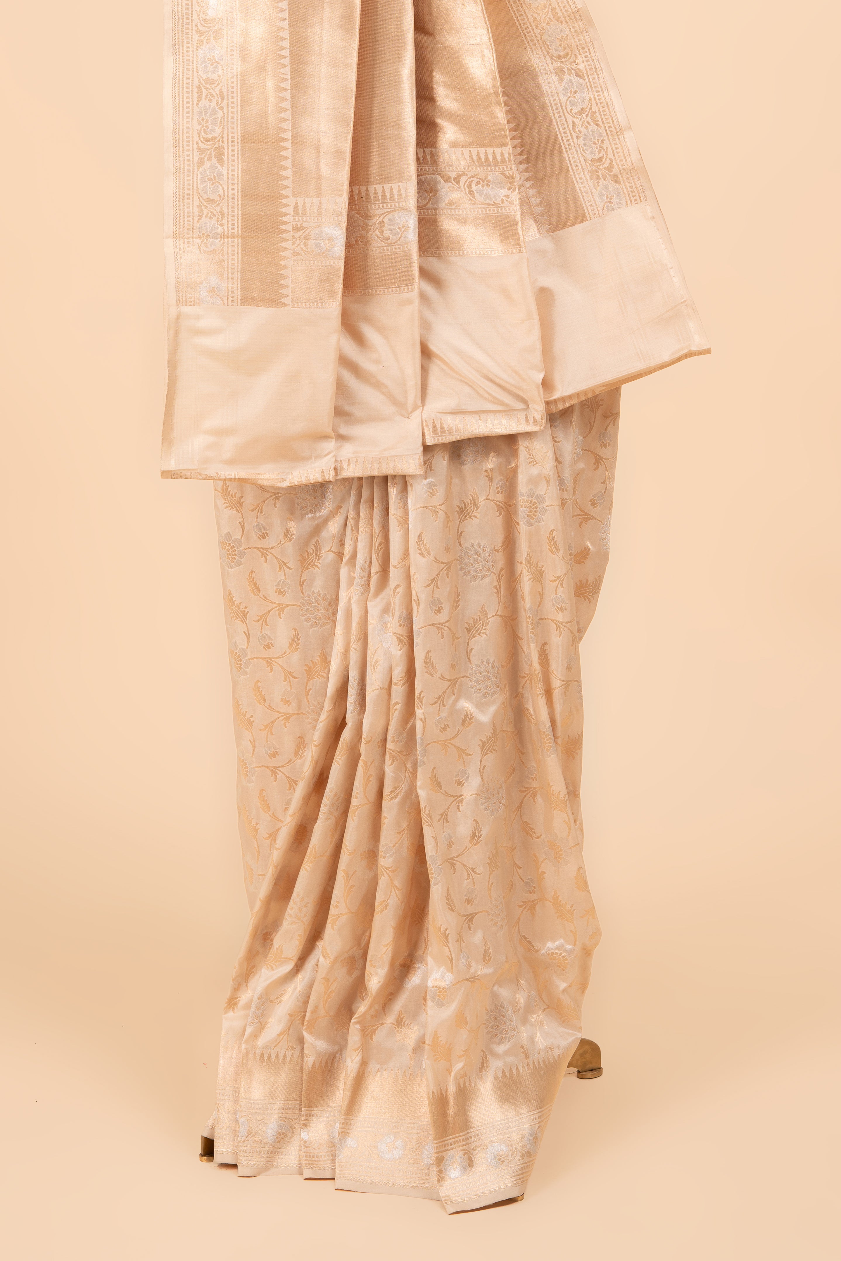 Ivory Banarasi Saree With Gold & Silver Zari And Temple Border