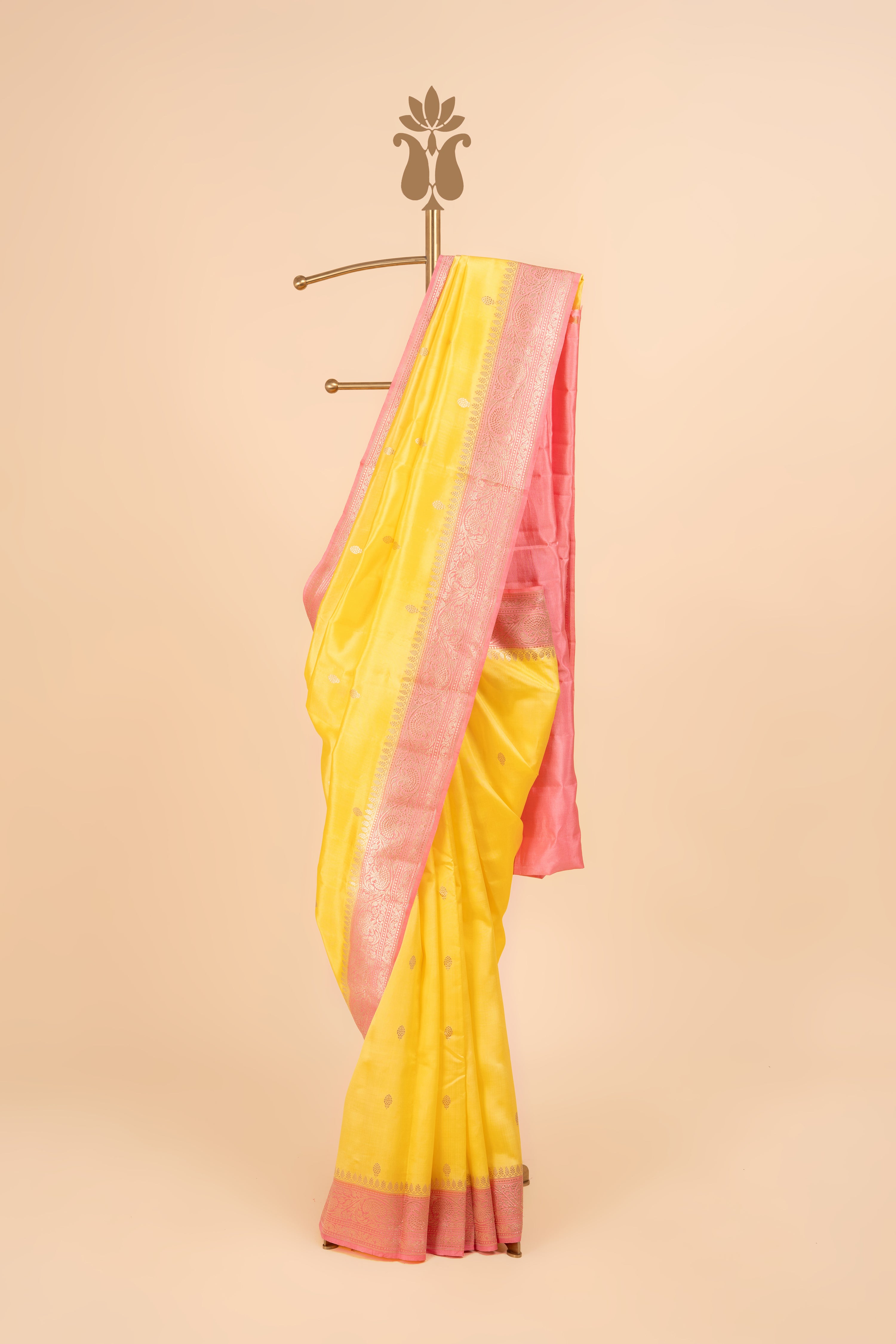 Light Yellow Banarasi Saree With Contrast Peach Border
