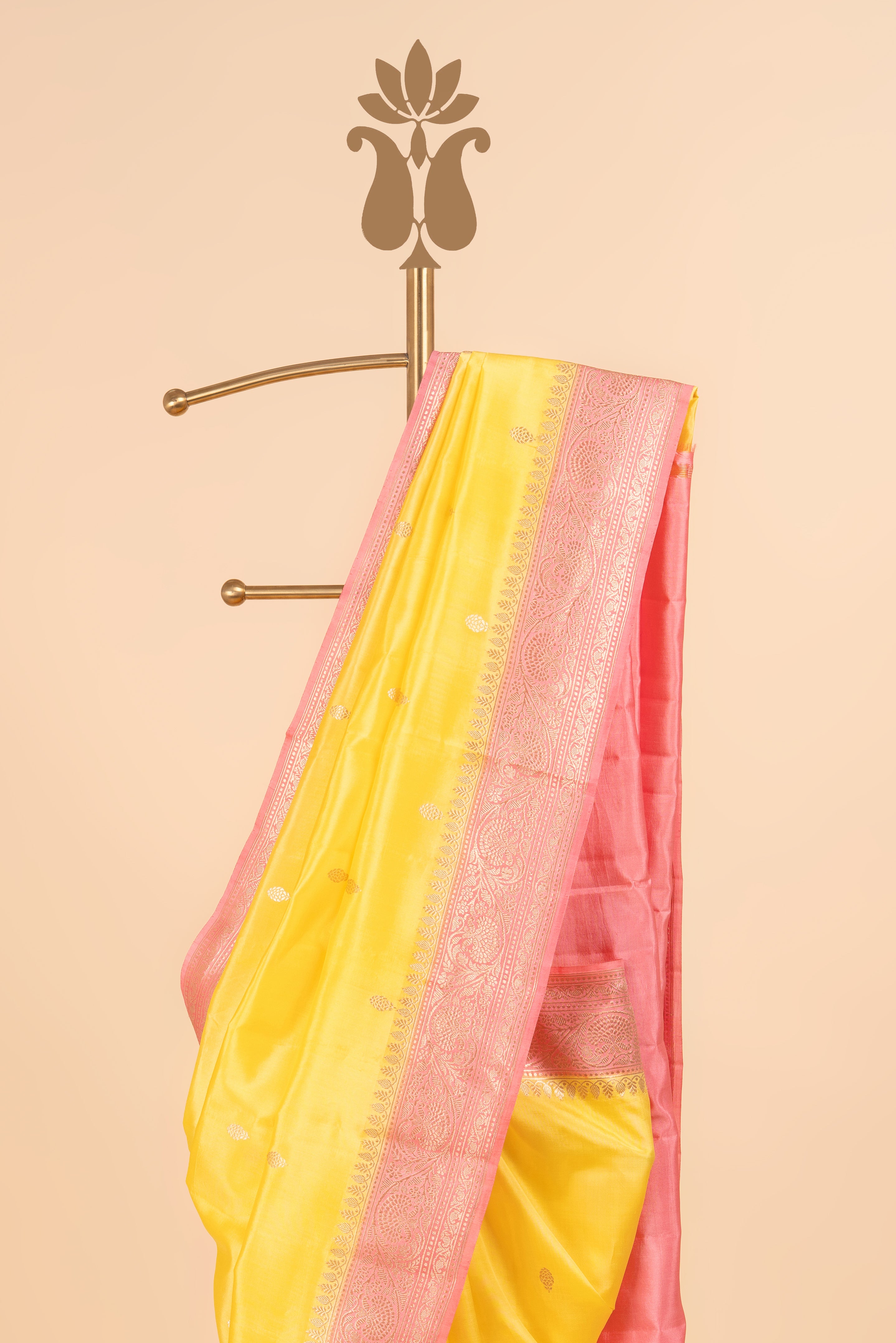Light Yellow Banarasi Saree With Contrast Peach Border