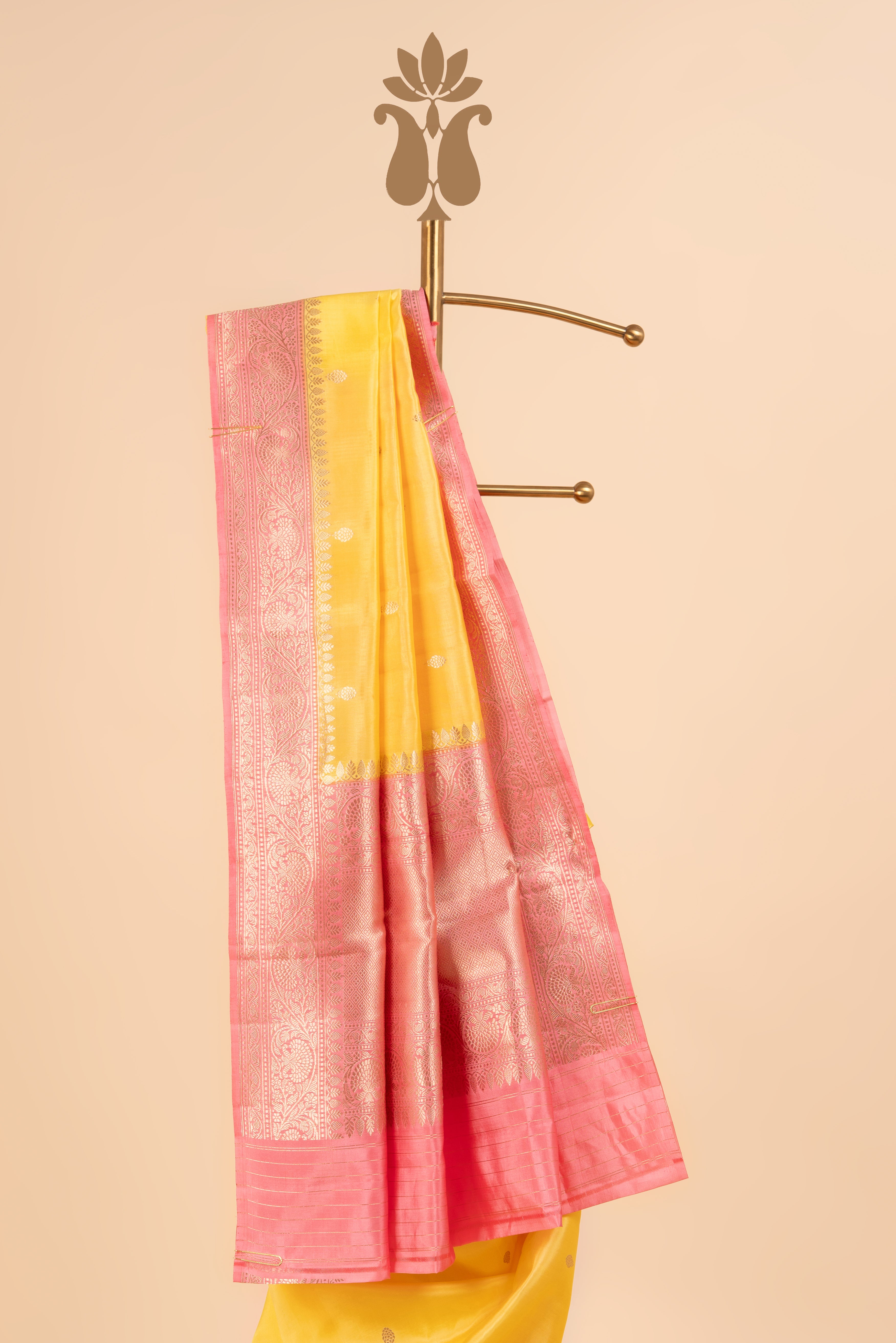 Light Yellow Banarasi Saree With Contrast Peach Border