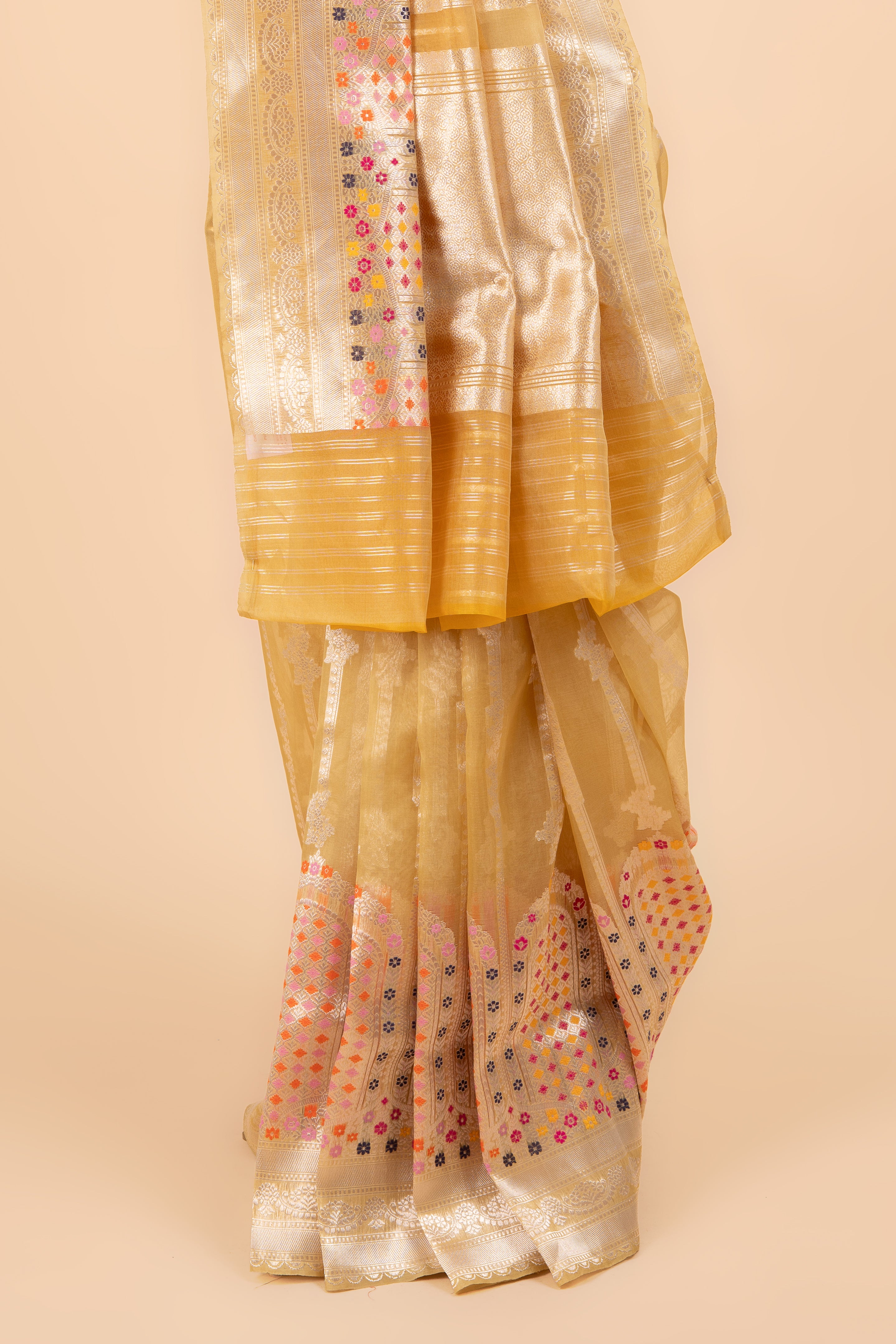 Luxe Lime Green Kora Silk Banarasi Saree With Silver Zari & Meenakari