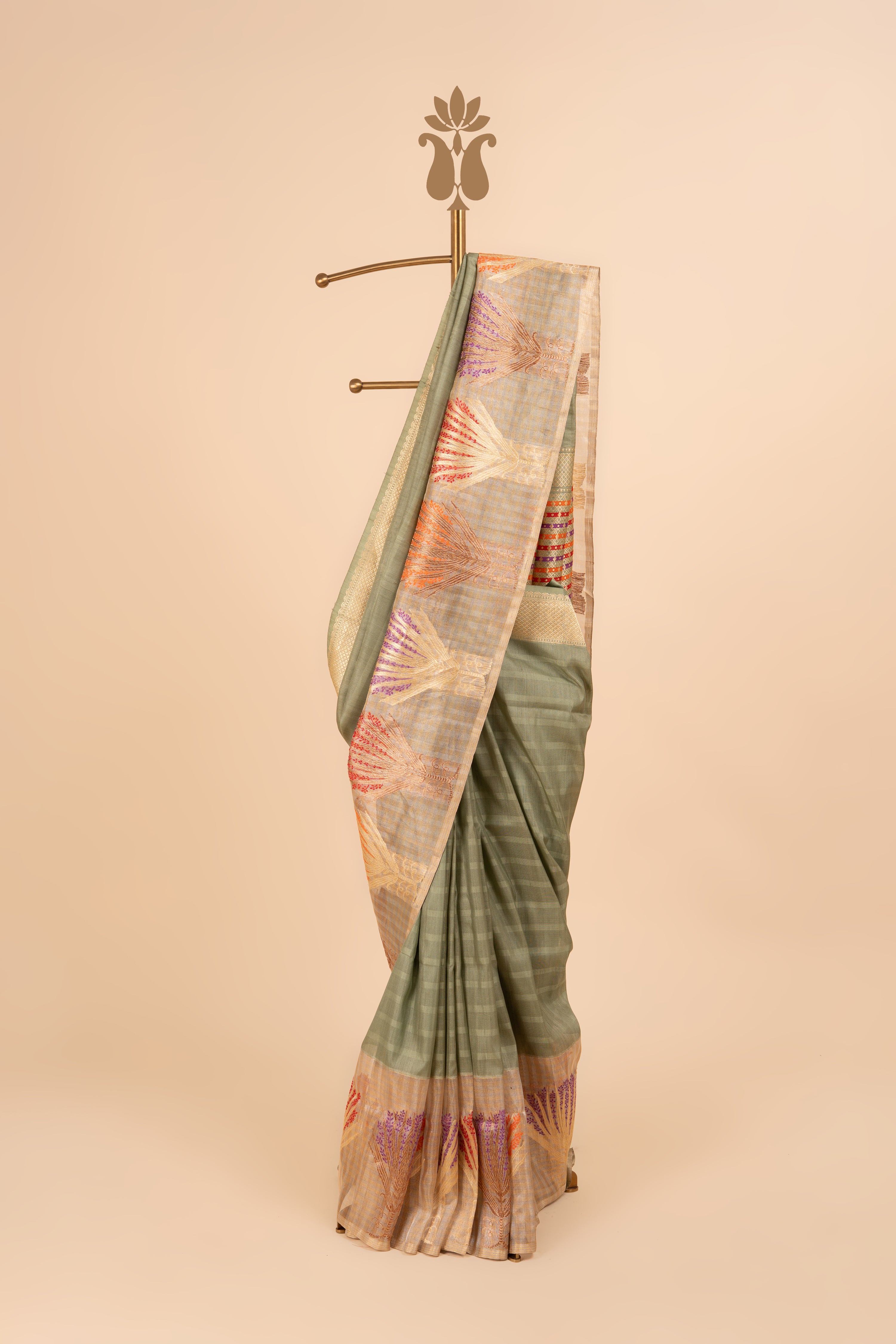 Luxury Olive Green Banarasi Tussar Saree With Tissue Border & Meenakari Detailing