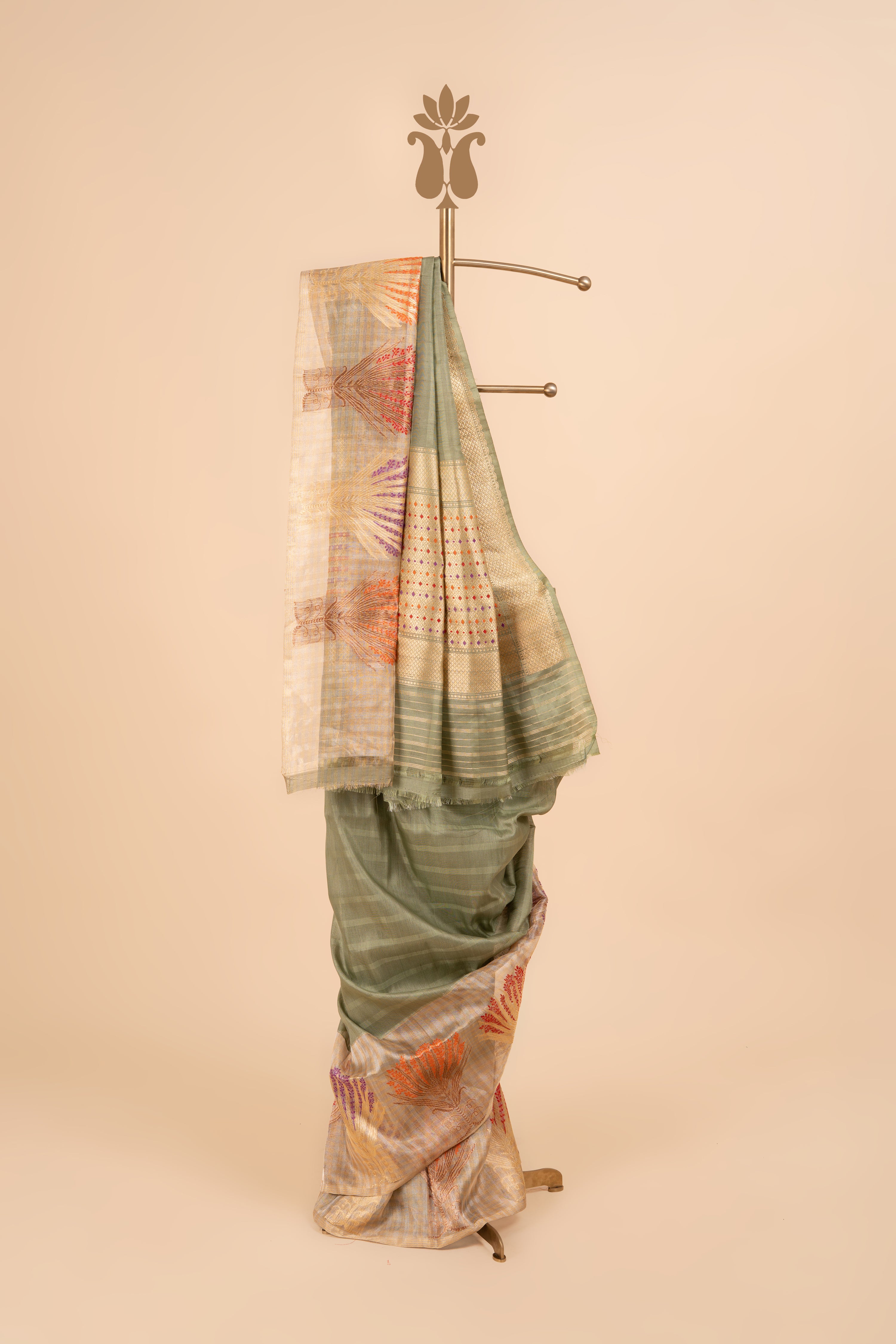 Luxury Olive Green Banarasi Tussar Saree With Tissue Border & Meenakari Detailing