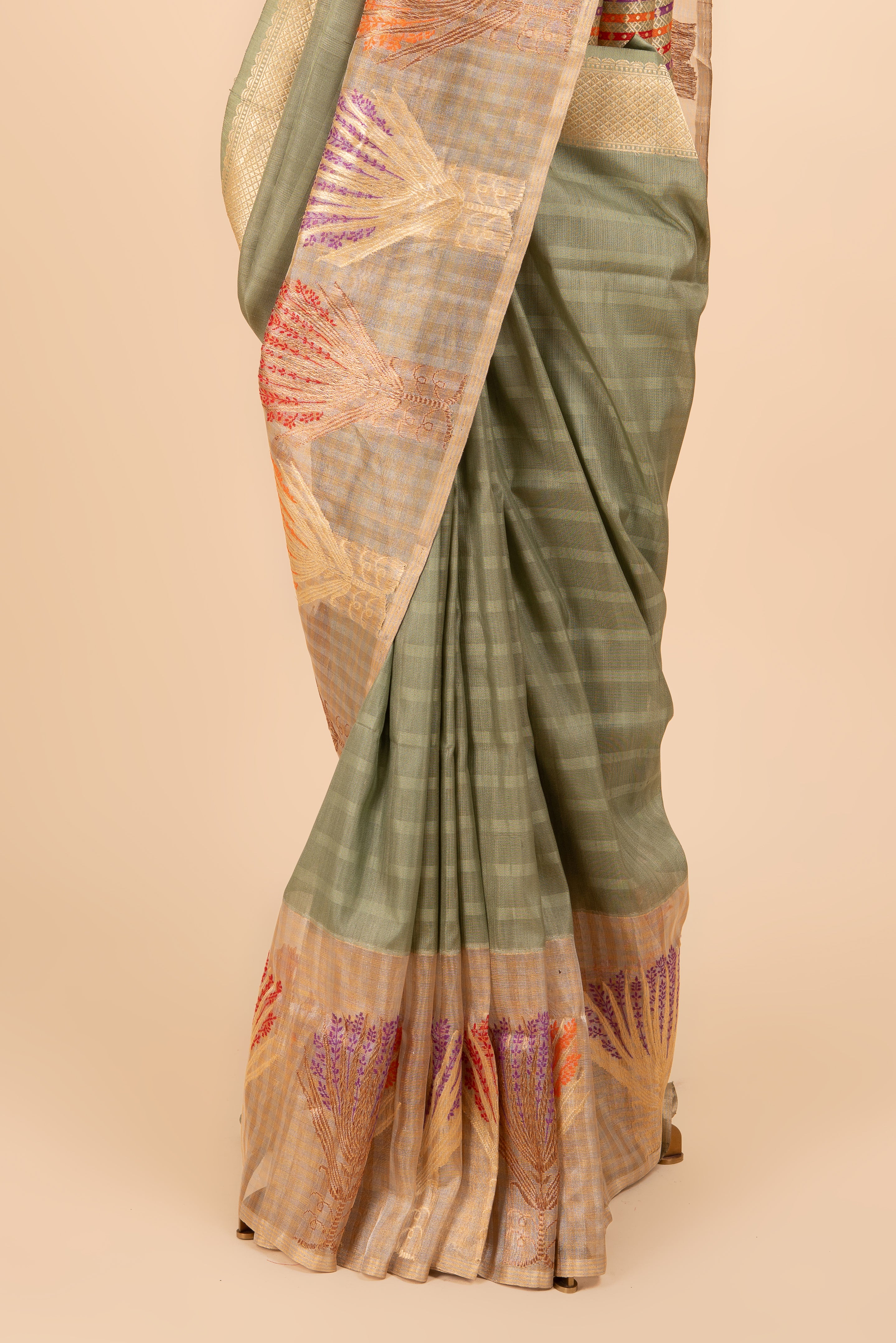 Luxury Olive Green Banarasi Tussar Saree With Tissue Border & Meenakari Detailing