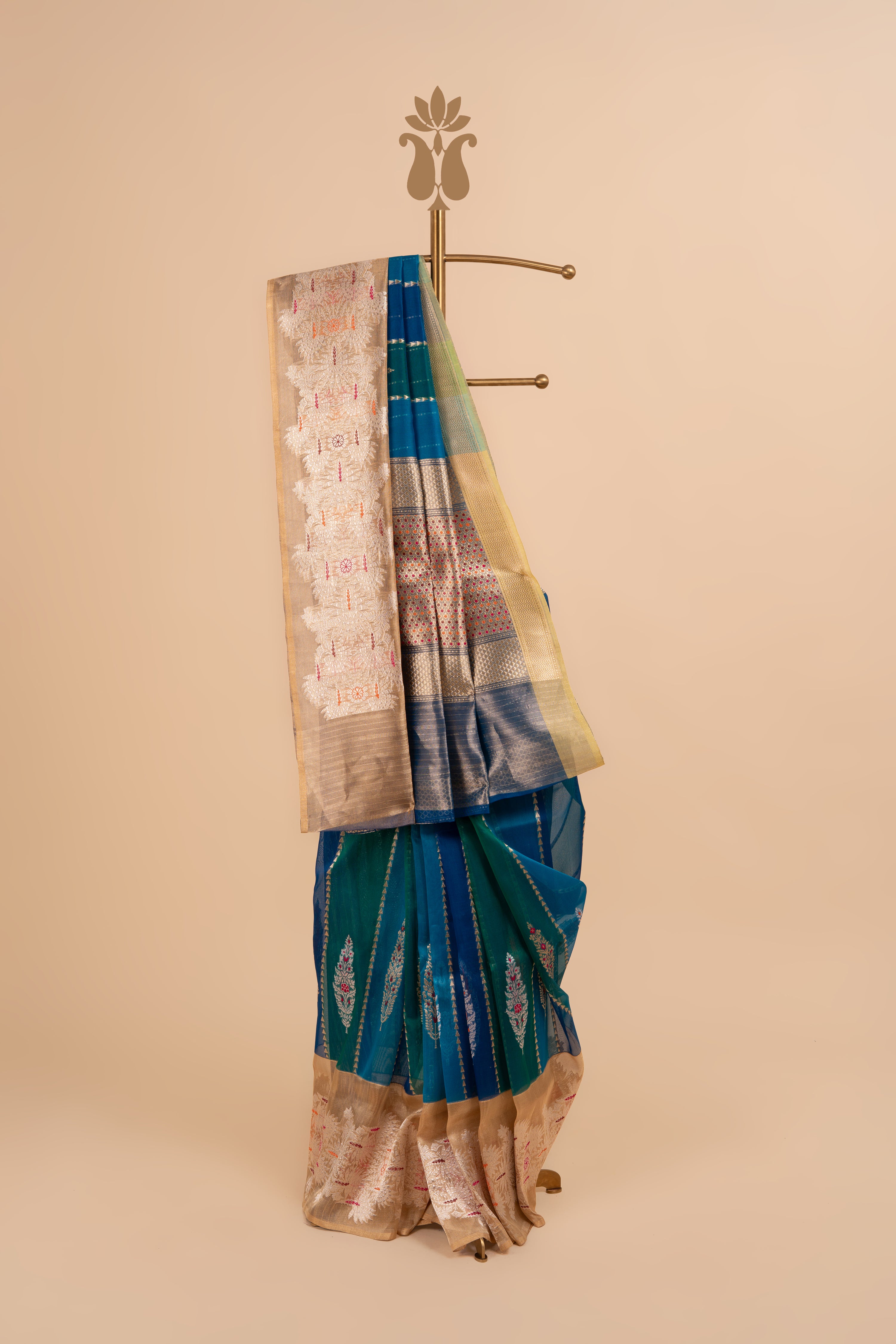 Luxury Peacock Blue Banarasi Kora Saree With Tissue Border