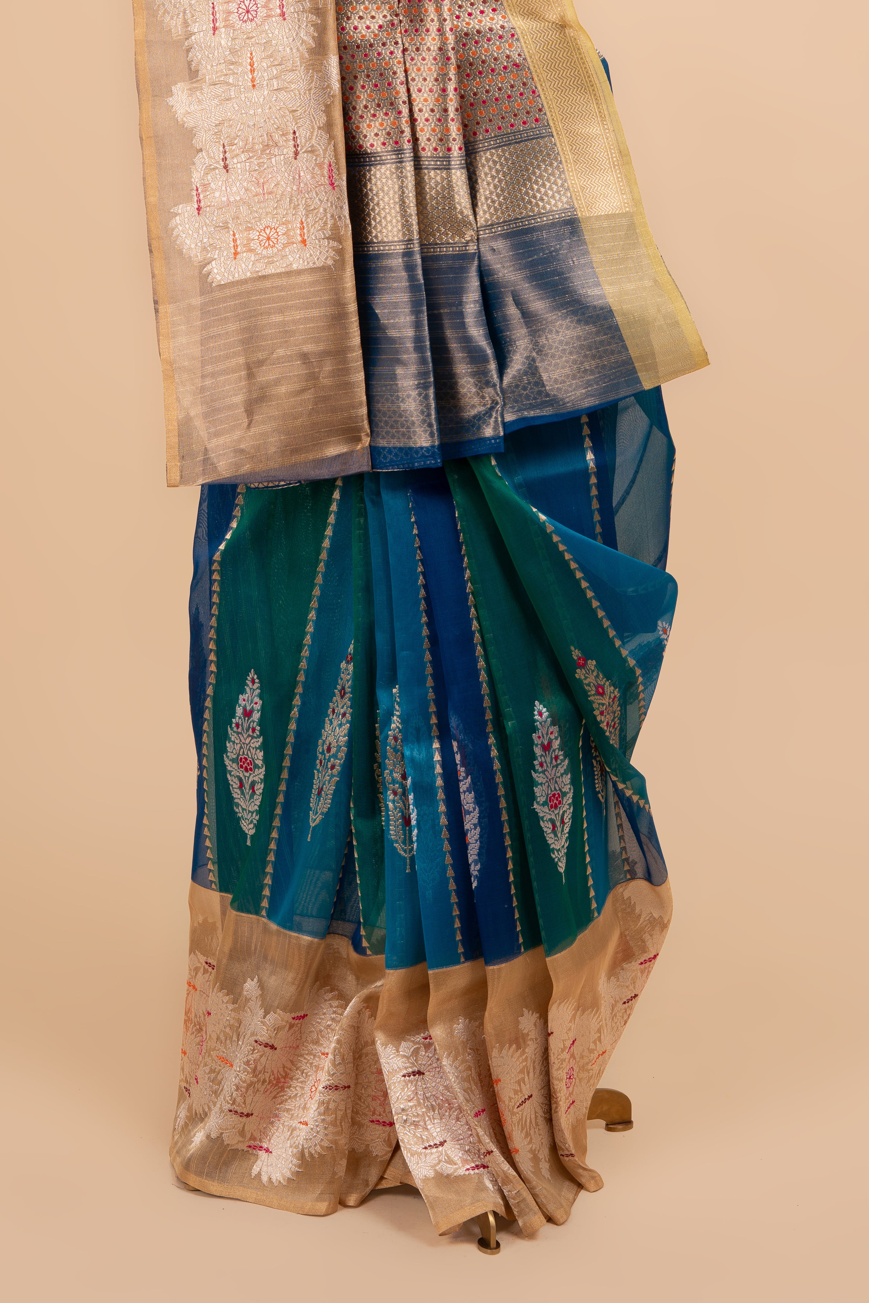 Luxury Peacock Blue Banarasi Kora Saree With Tissue Border