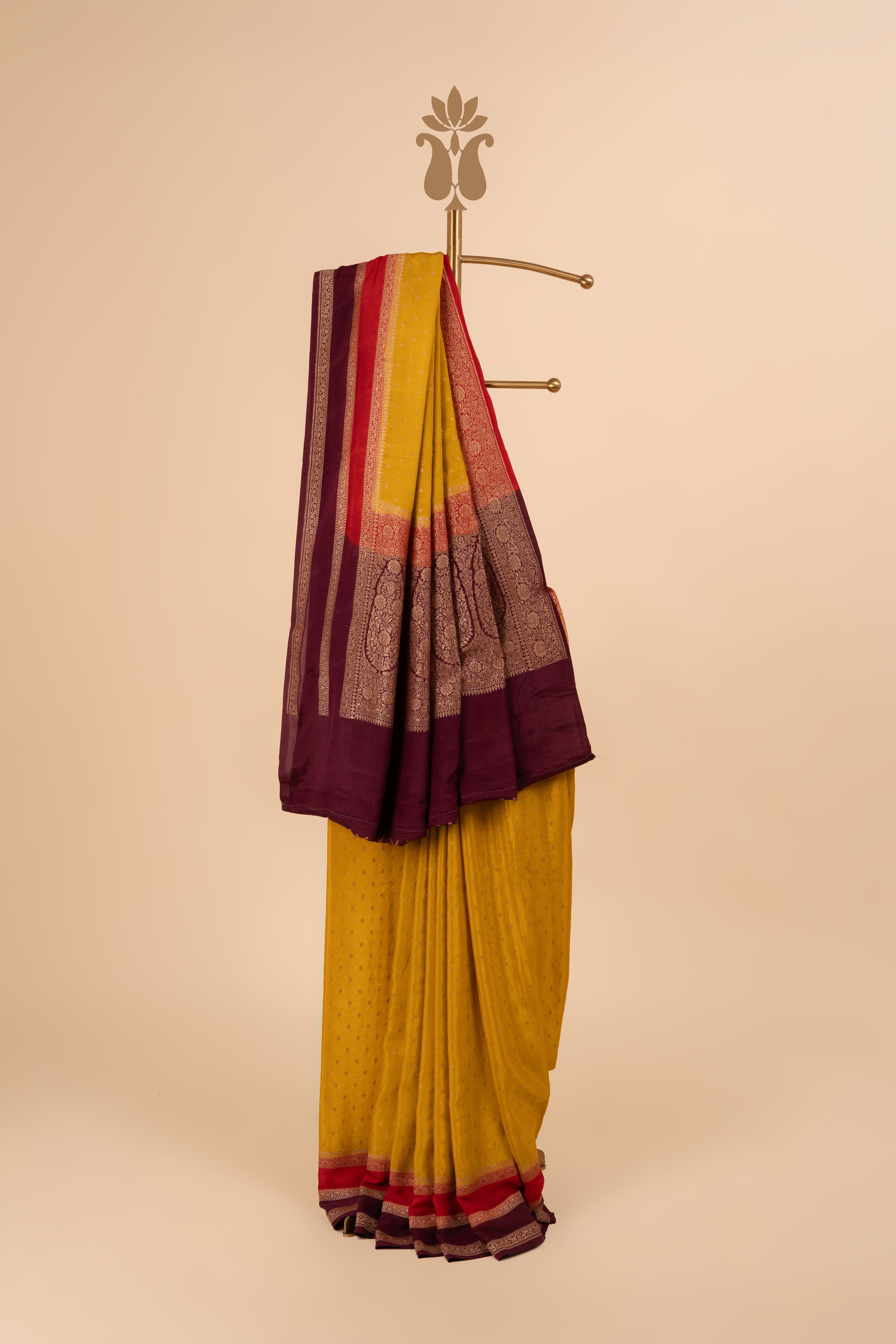 Mustard Colour Contrast Border Banarasi Crepe Saree