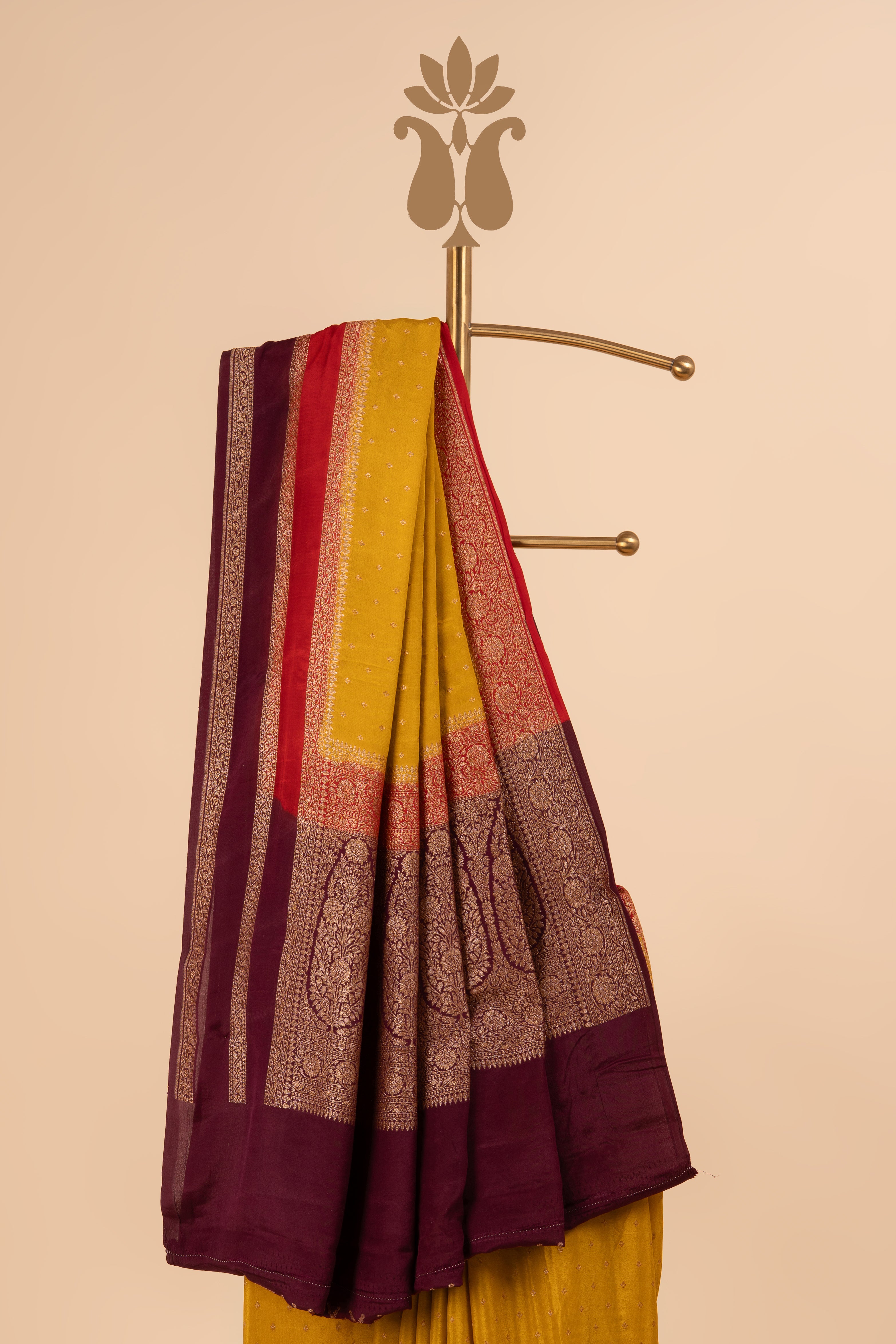 Mustard Colour Contrast Border Banarasi Crepe Saree