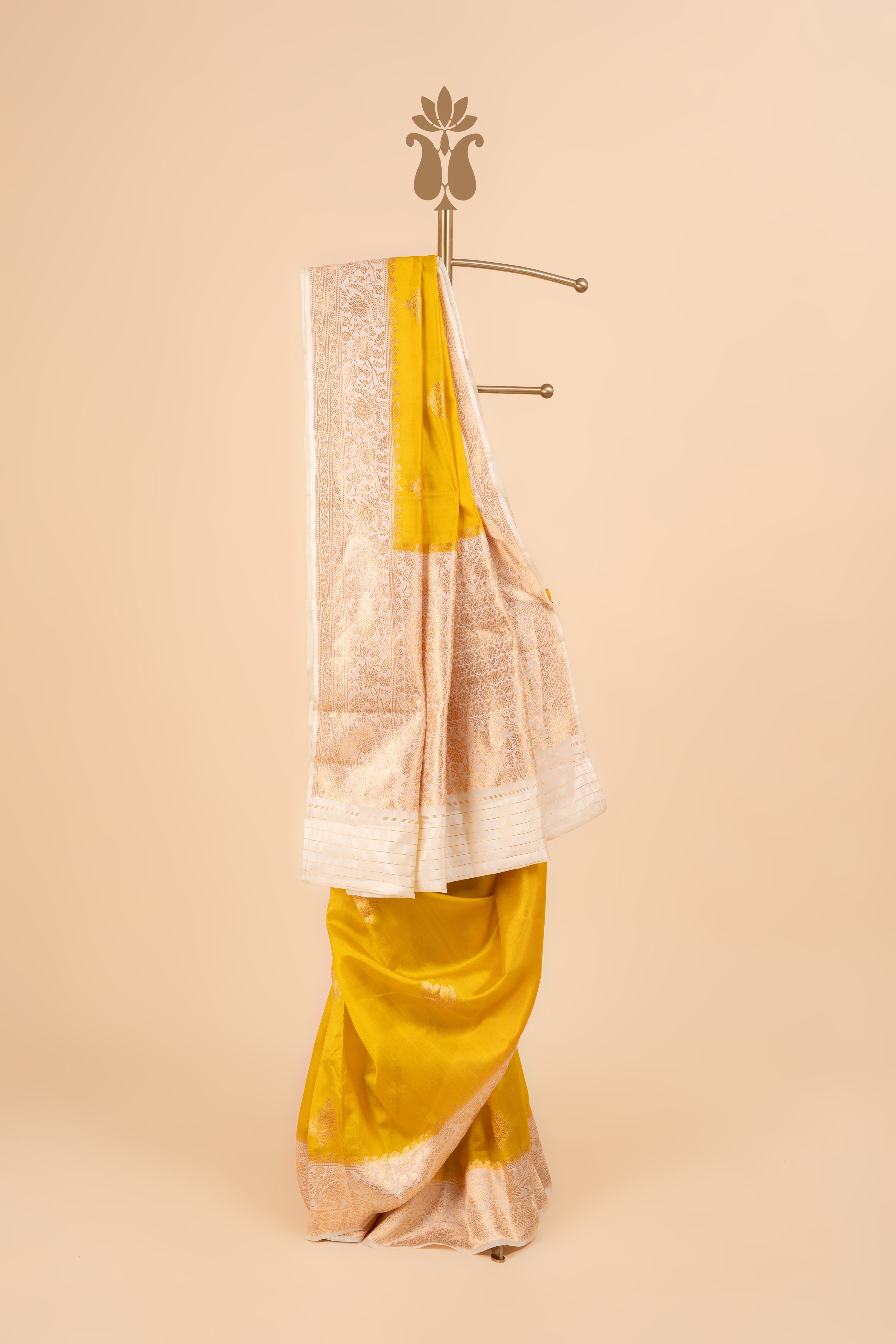 Mustard Yellow Banarasi Saree With Contrast Off-White Border