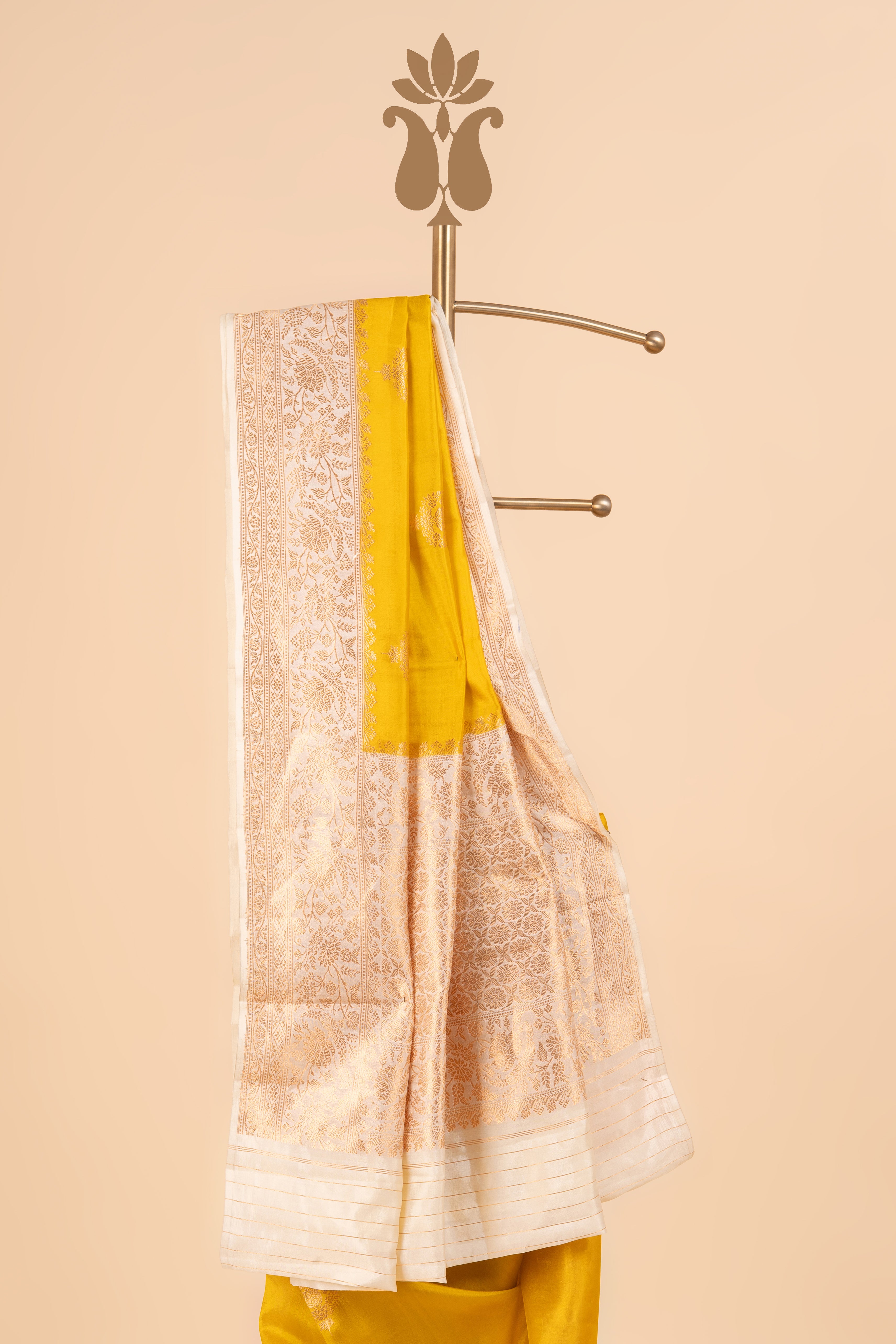 Mustard Yellow Banarasi Saree With Contrast Off-White Border