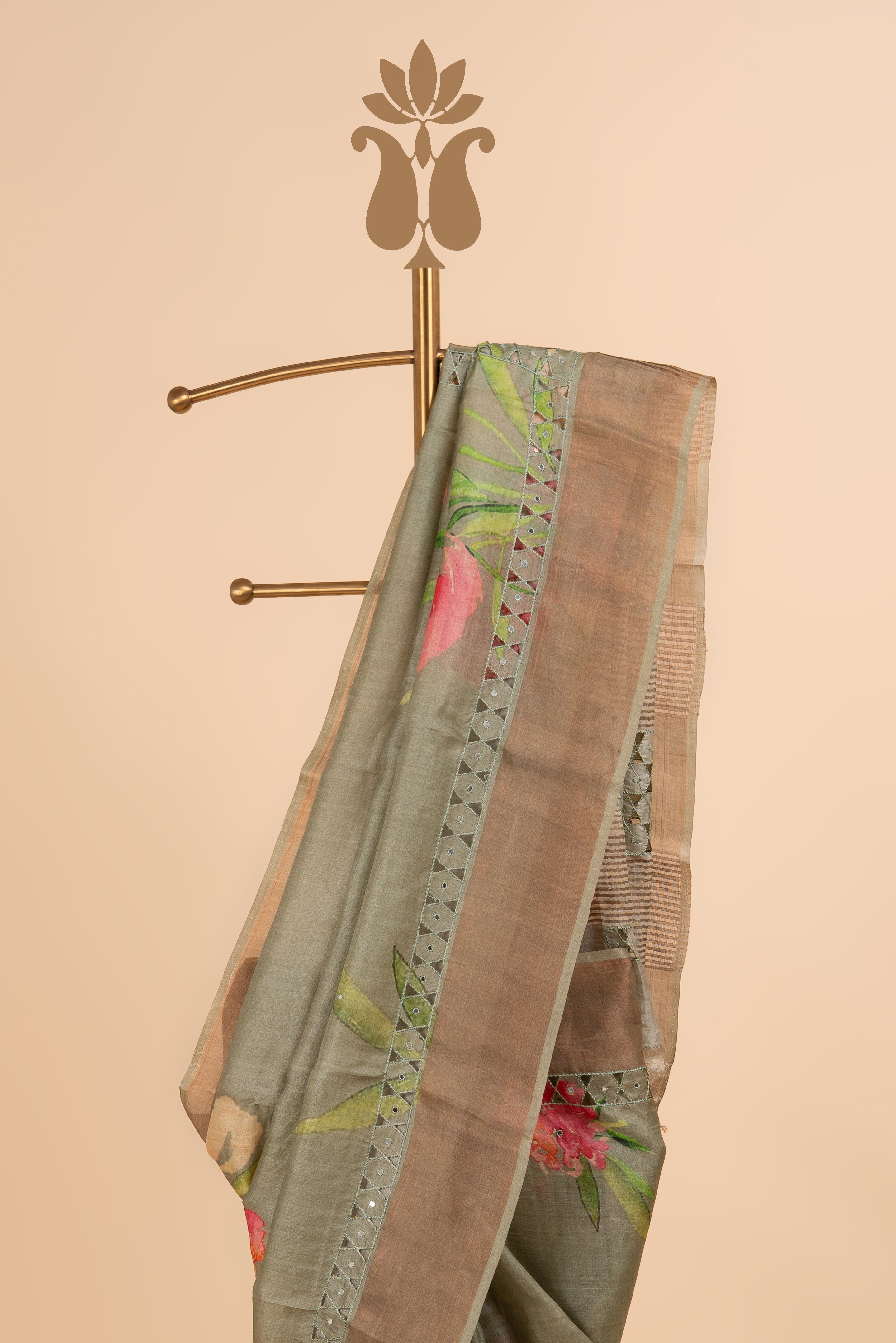 Olive Green Tussar Cutwork Elegance