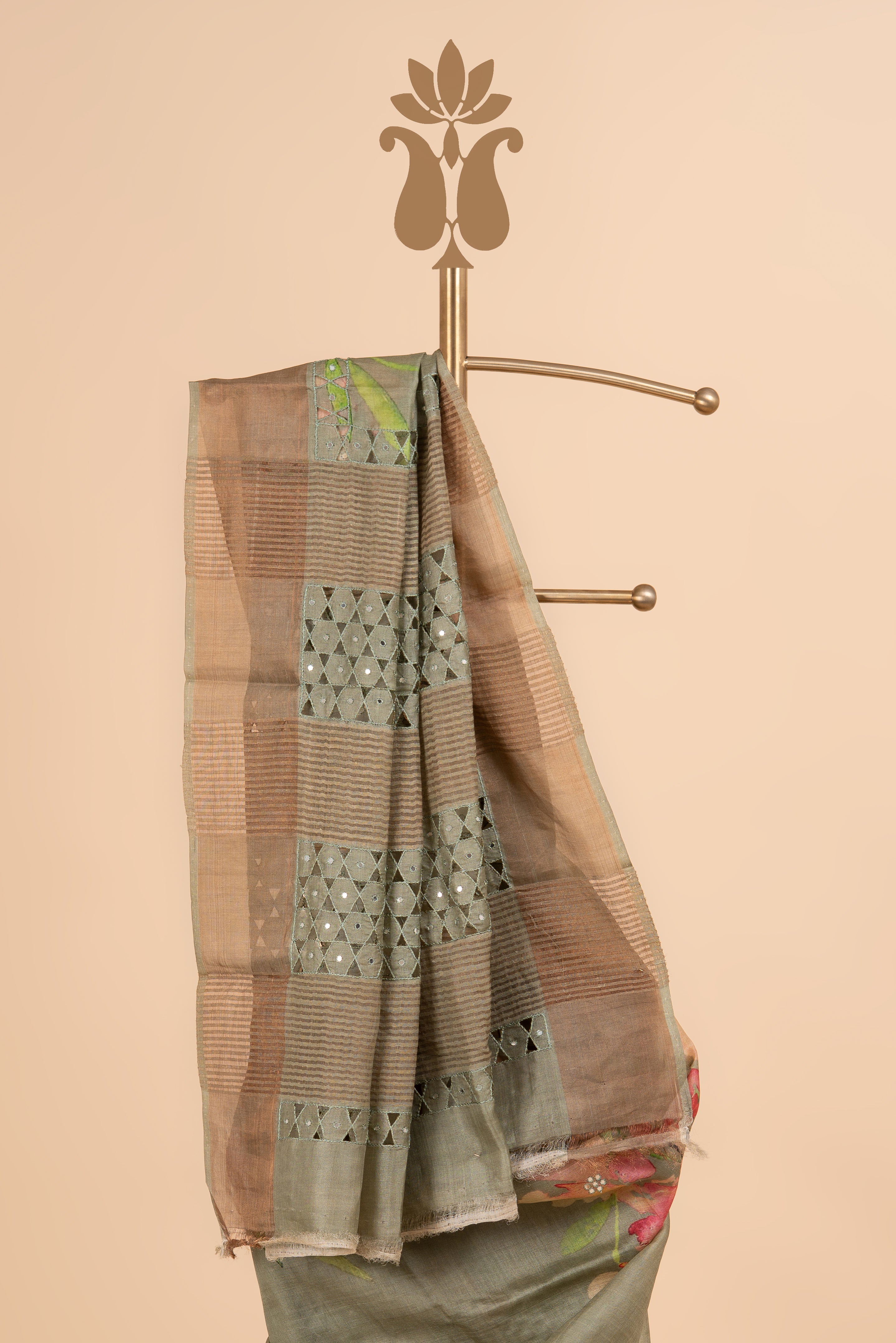 Olive Green Tussar Cutwork Elegance
