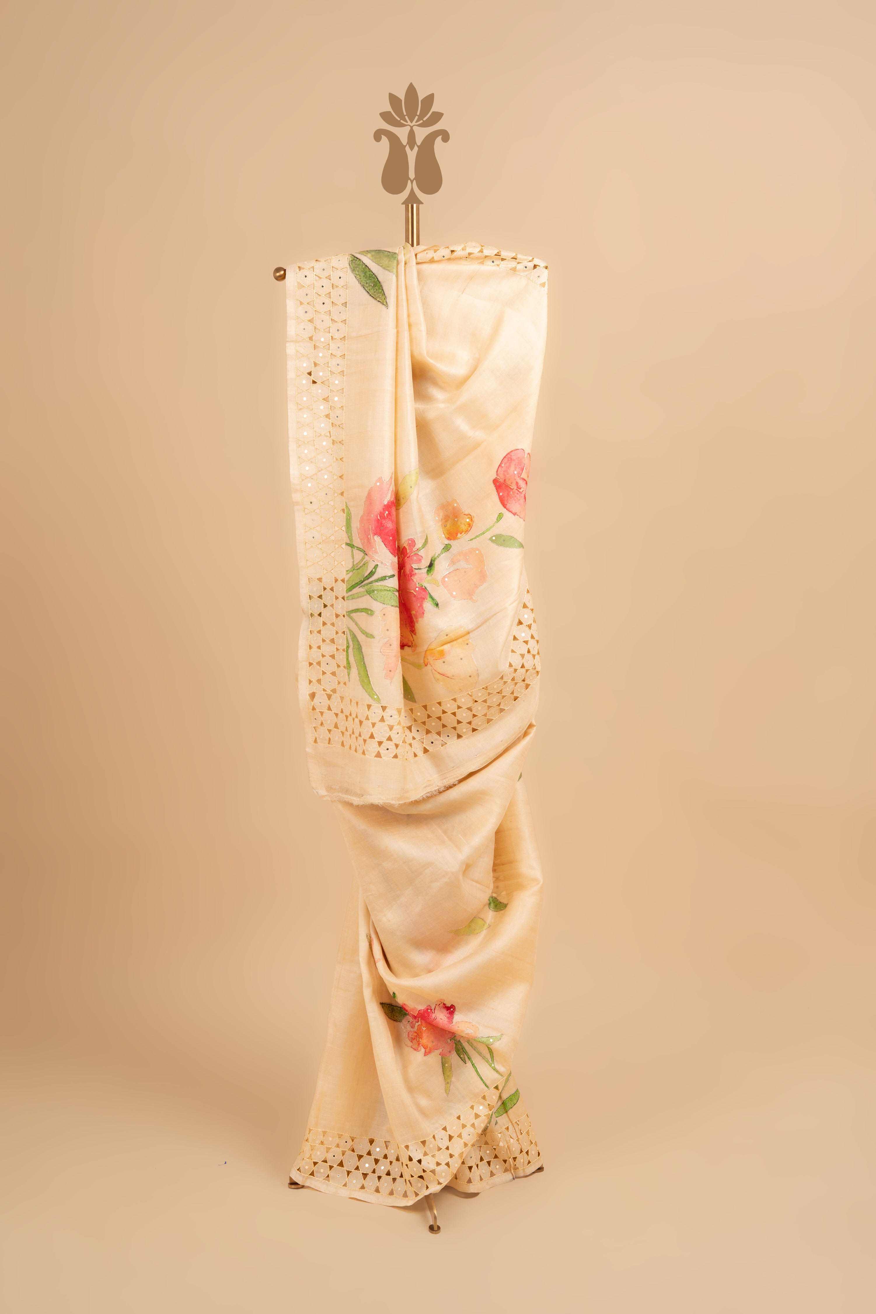 Off-White Elegance Cutwork Tussar Silk Saree