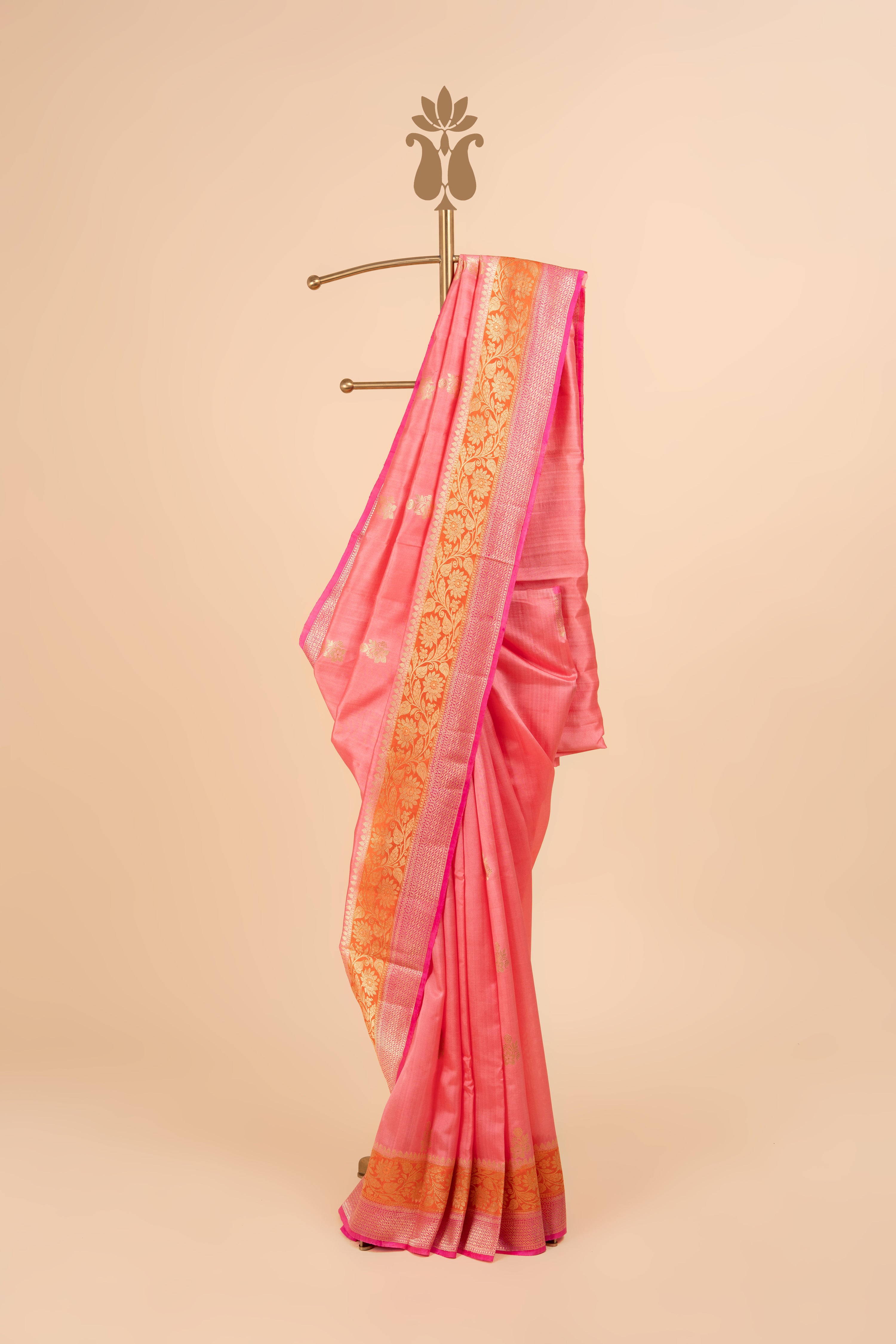 Peach Banarasi Saree With Contrast Orange And Pink Border