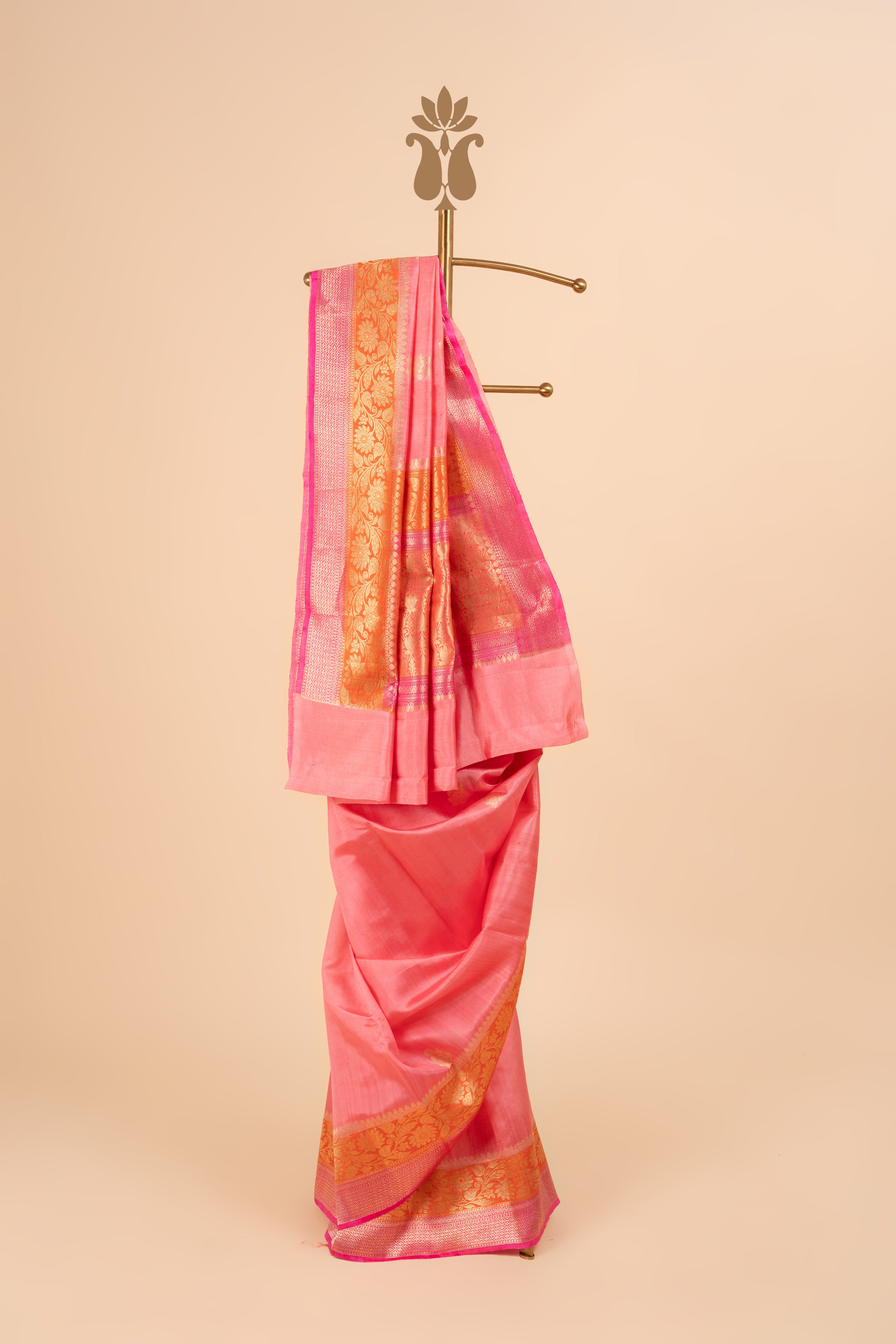 Peach Banarasi Saree With Contrast Orange And Pink Border