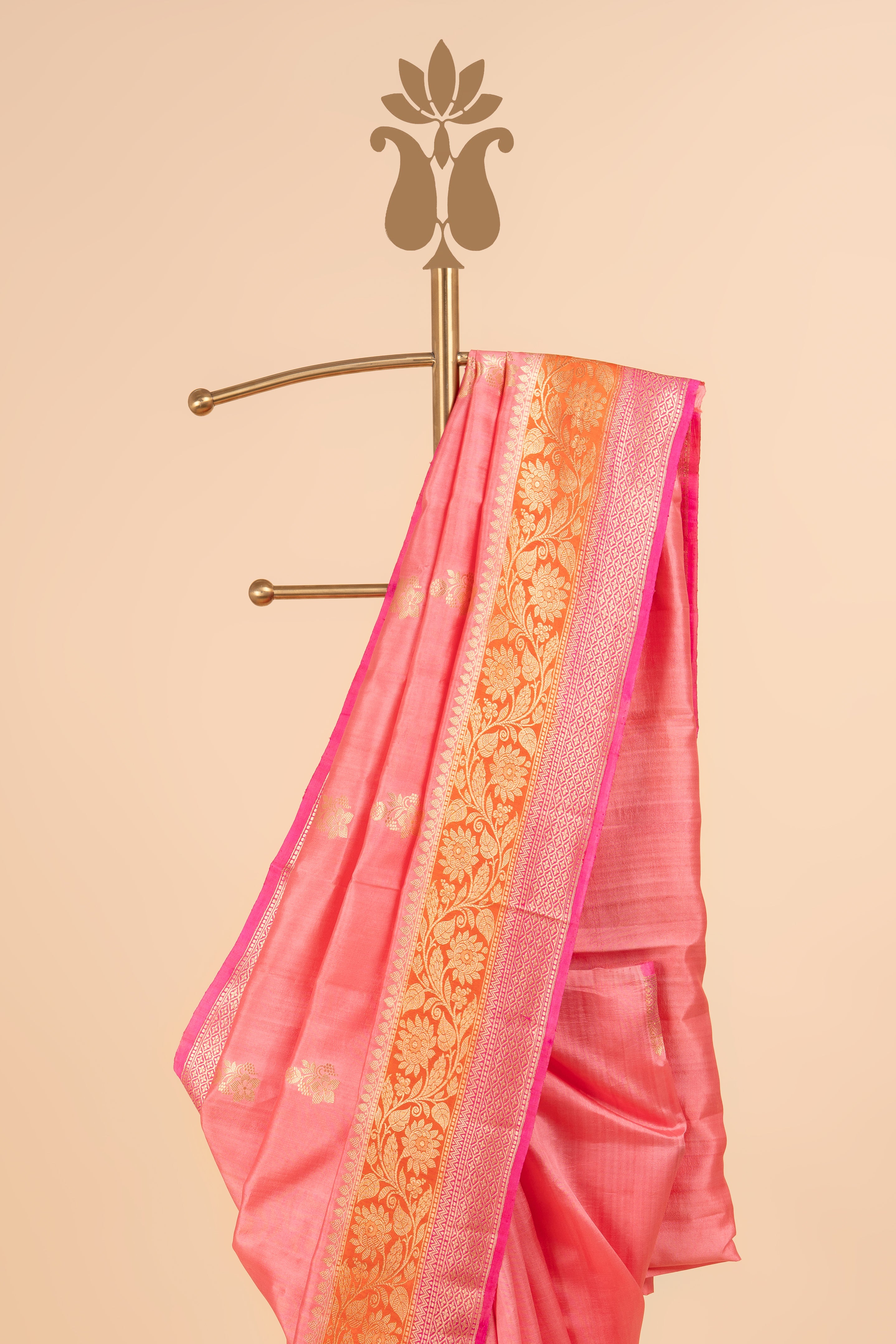 Peach Banarasi Saree With Contrast Orange And Pink Border