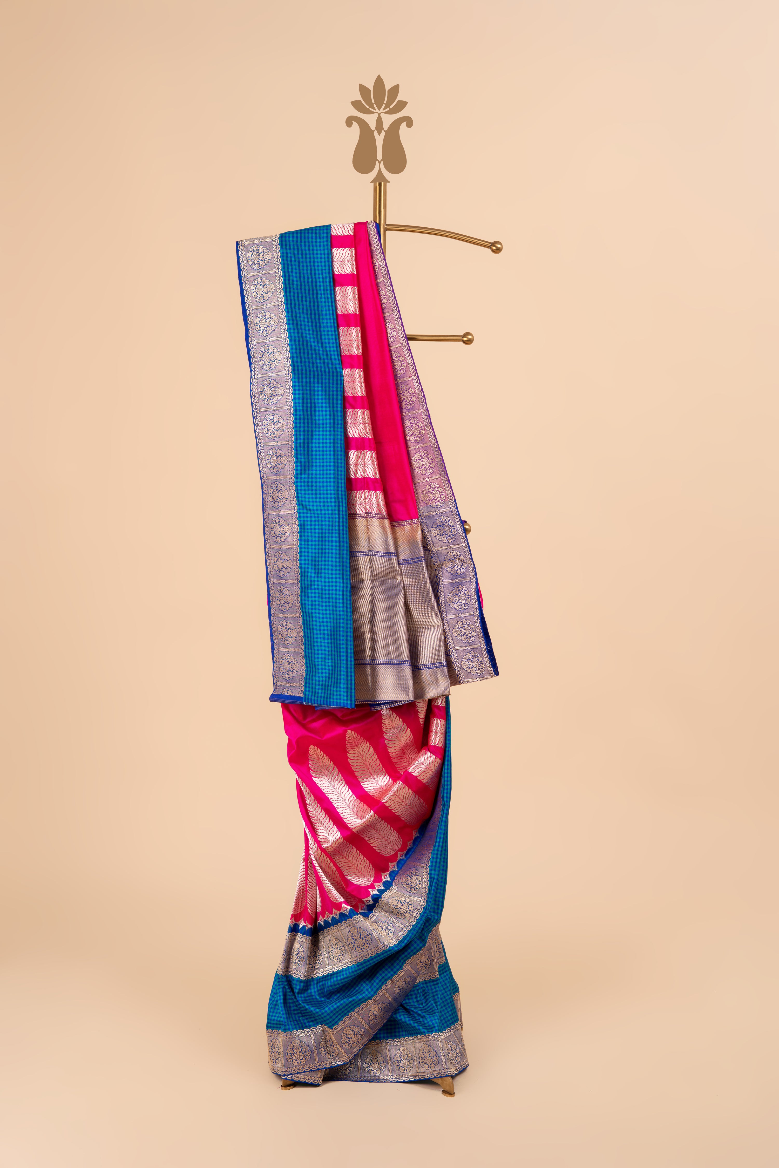 Pink Heavy Banarasi Saree With Modern Motifs & Blue Checks Border