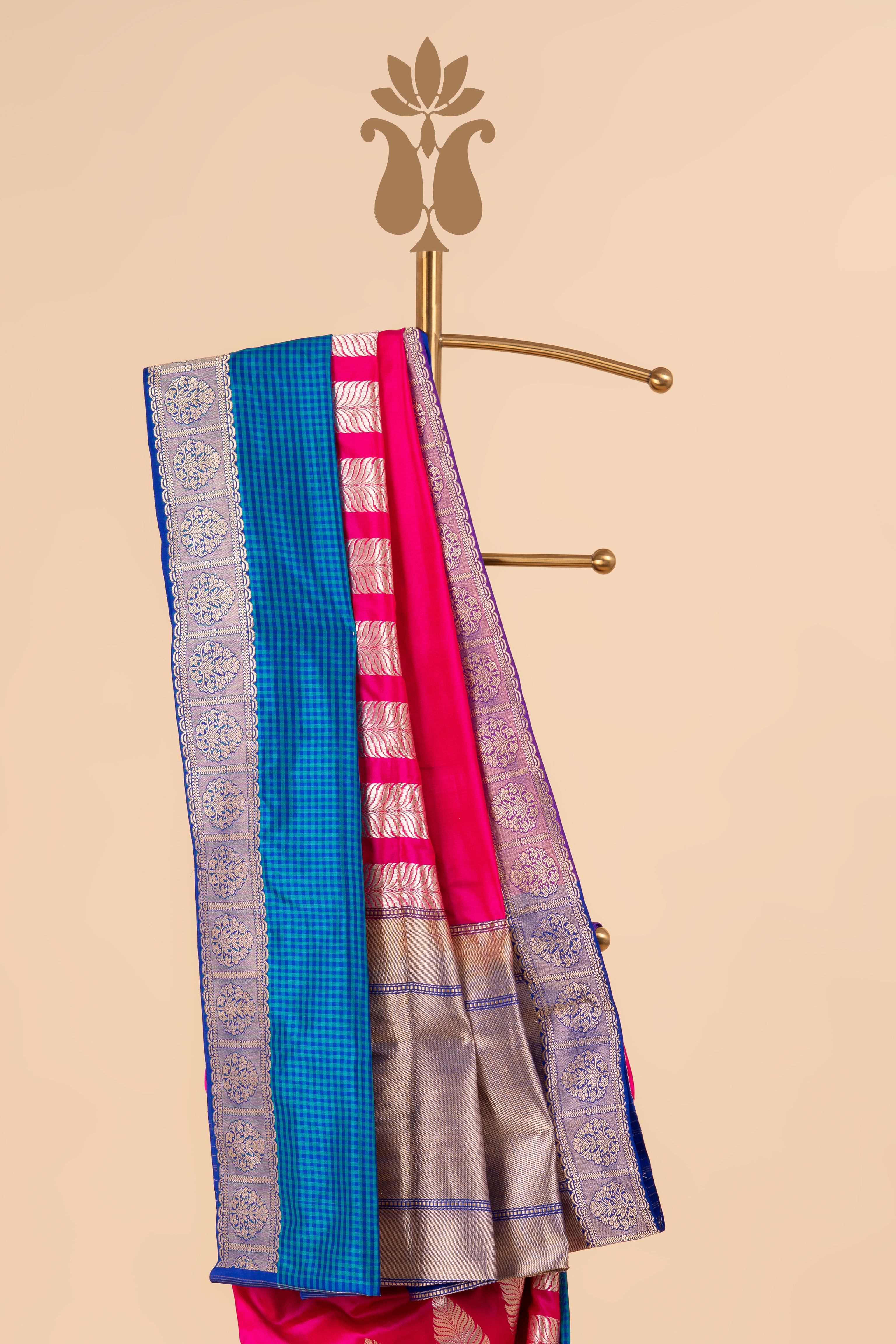 Pink Heavy Banarasi Saree With Modern Motifs & Blue Checks Border
