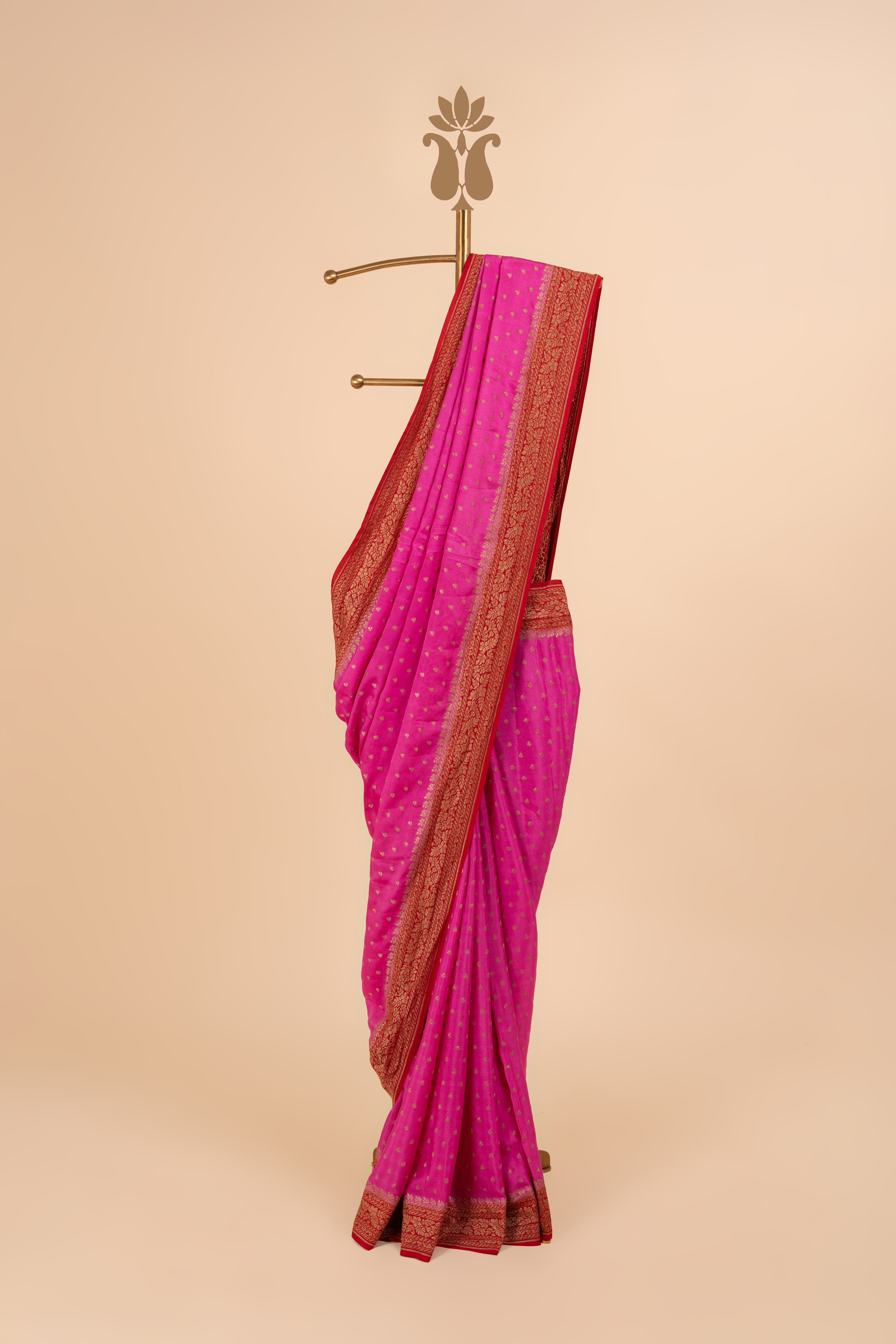 Pink And Red Contrast Border Banarasi Crepe Saree