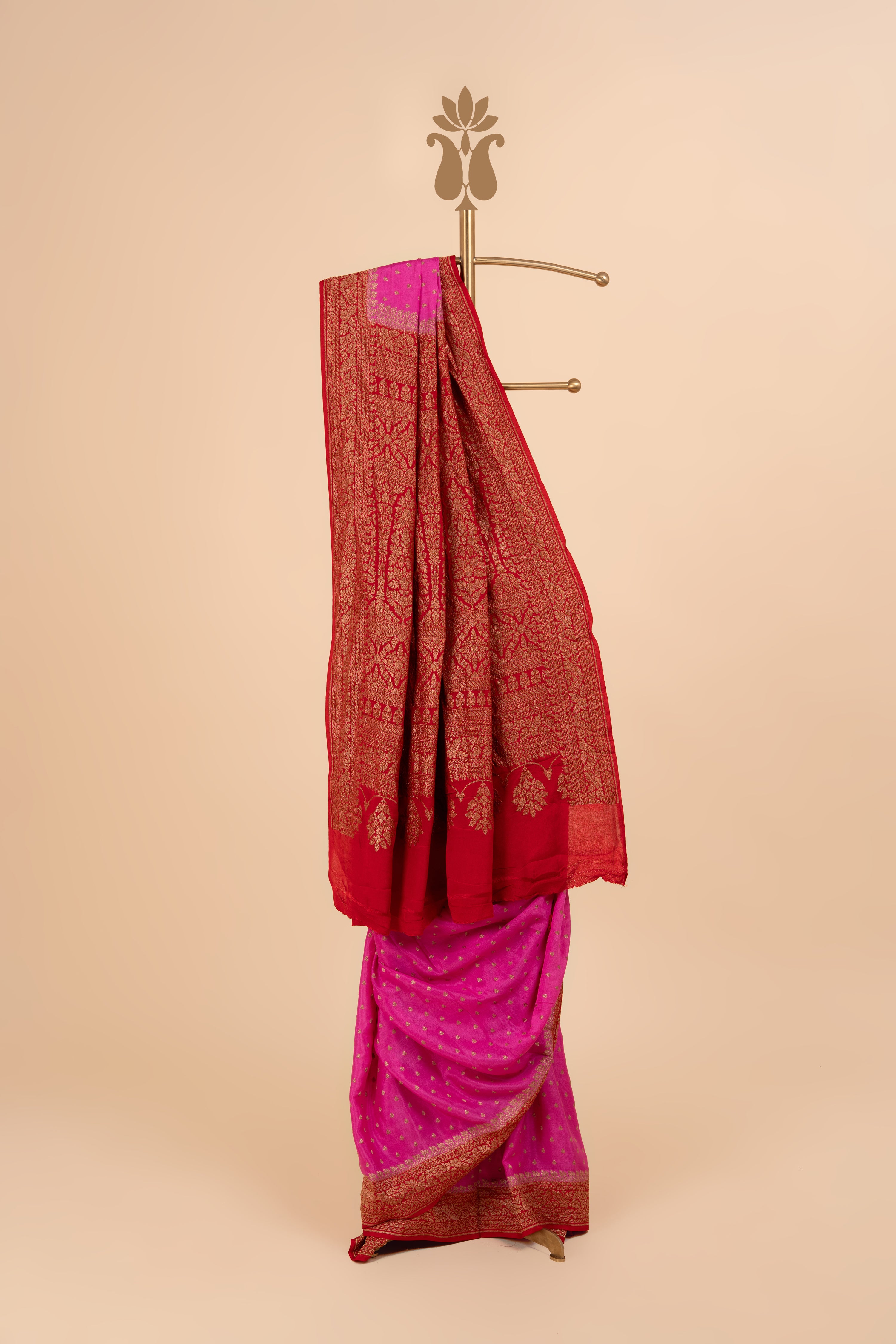 Pink And Red Contrast Border Banarasi Crepe Saree