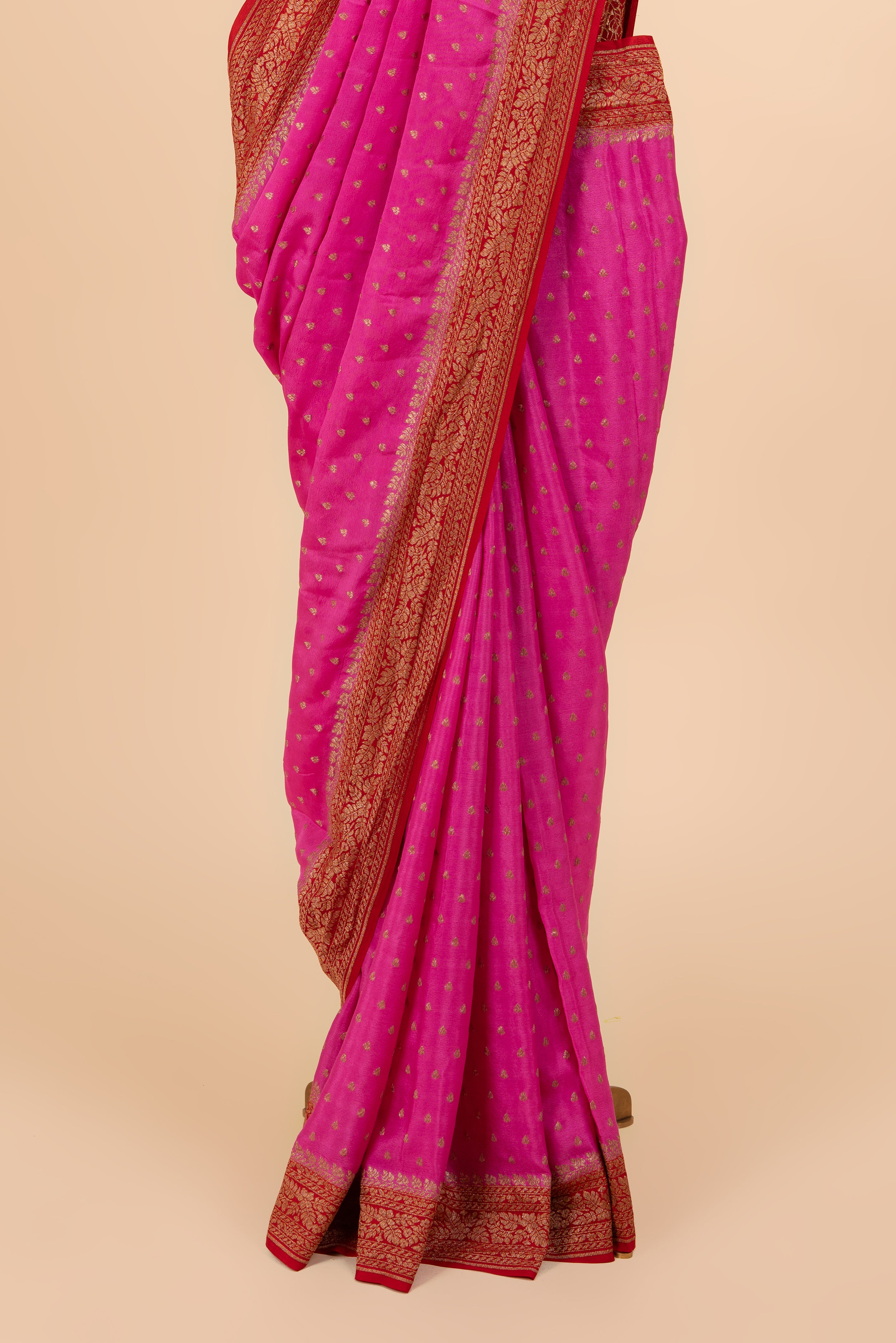 Pink And Red Contrast Border Banarasi Crepe Saree