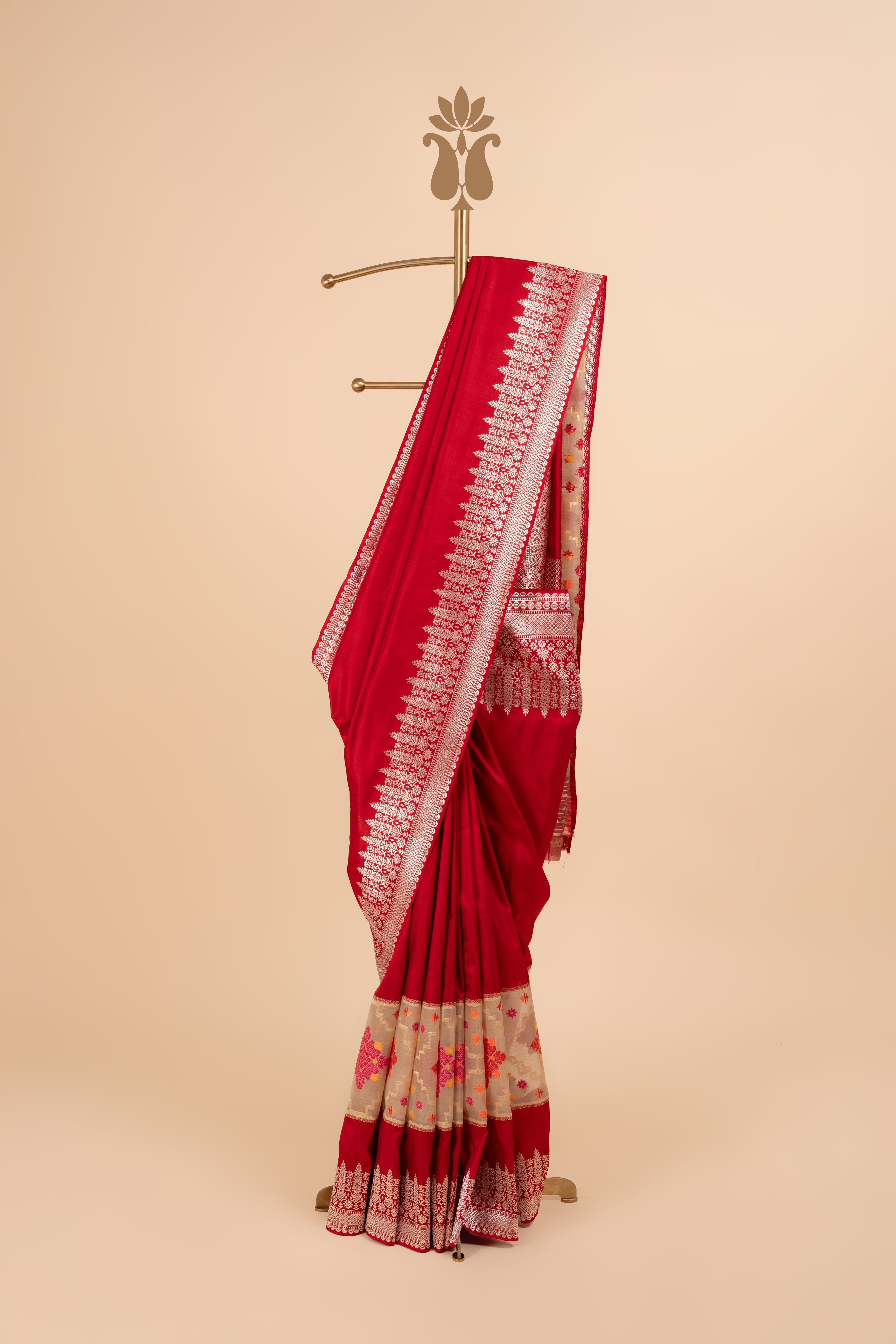 Pure Silk Ethereal Red Banarasi Saree With Silver Zari