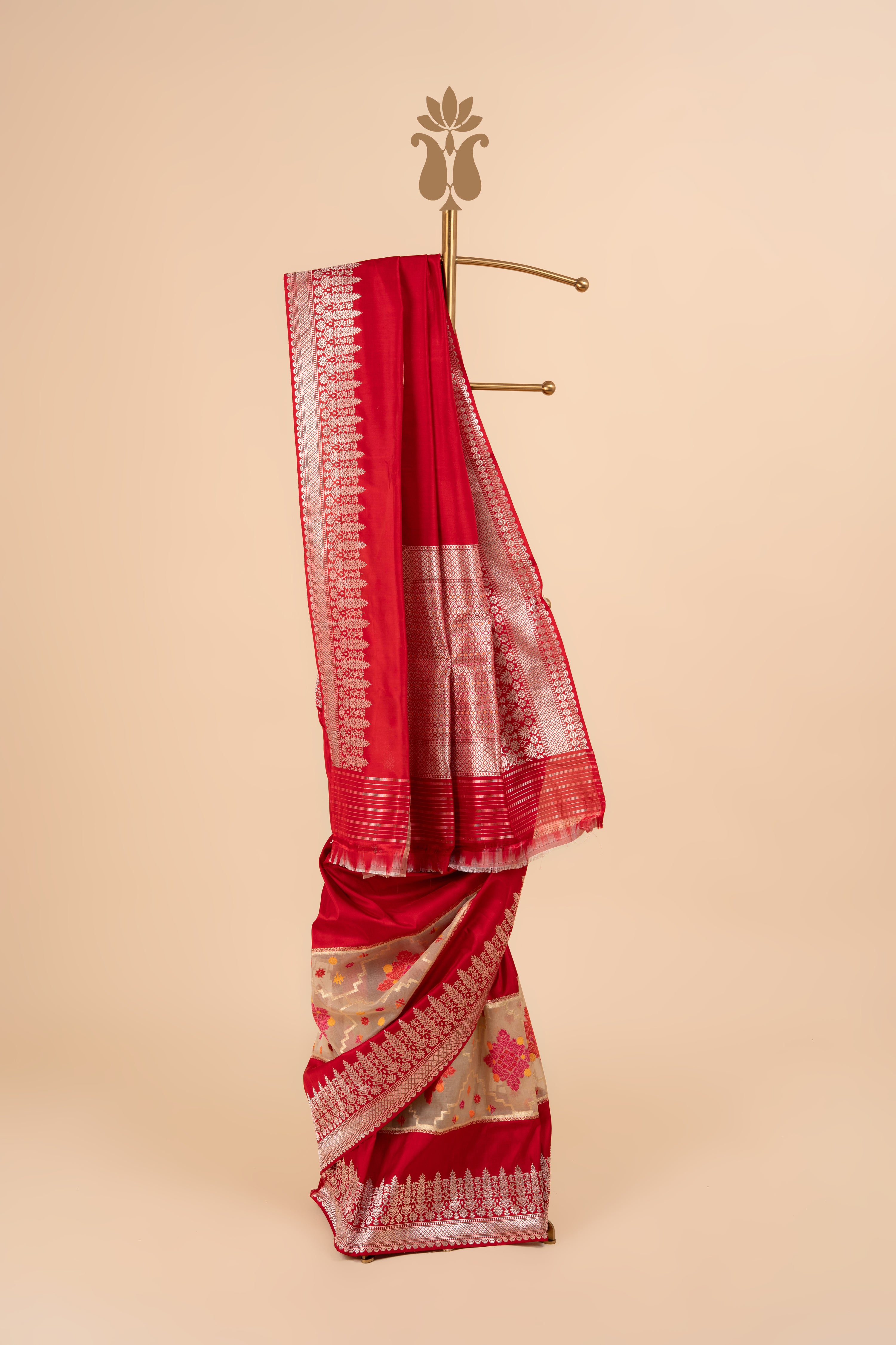 Pure Silk Ethereal Red Banarasi Saree With Silver Zari