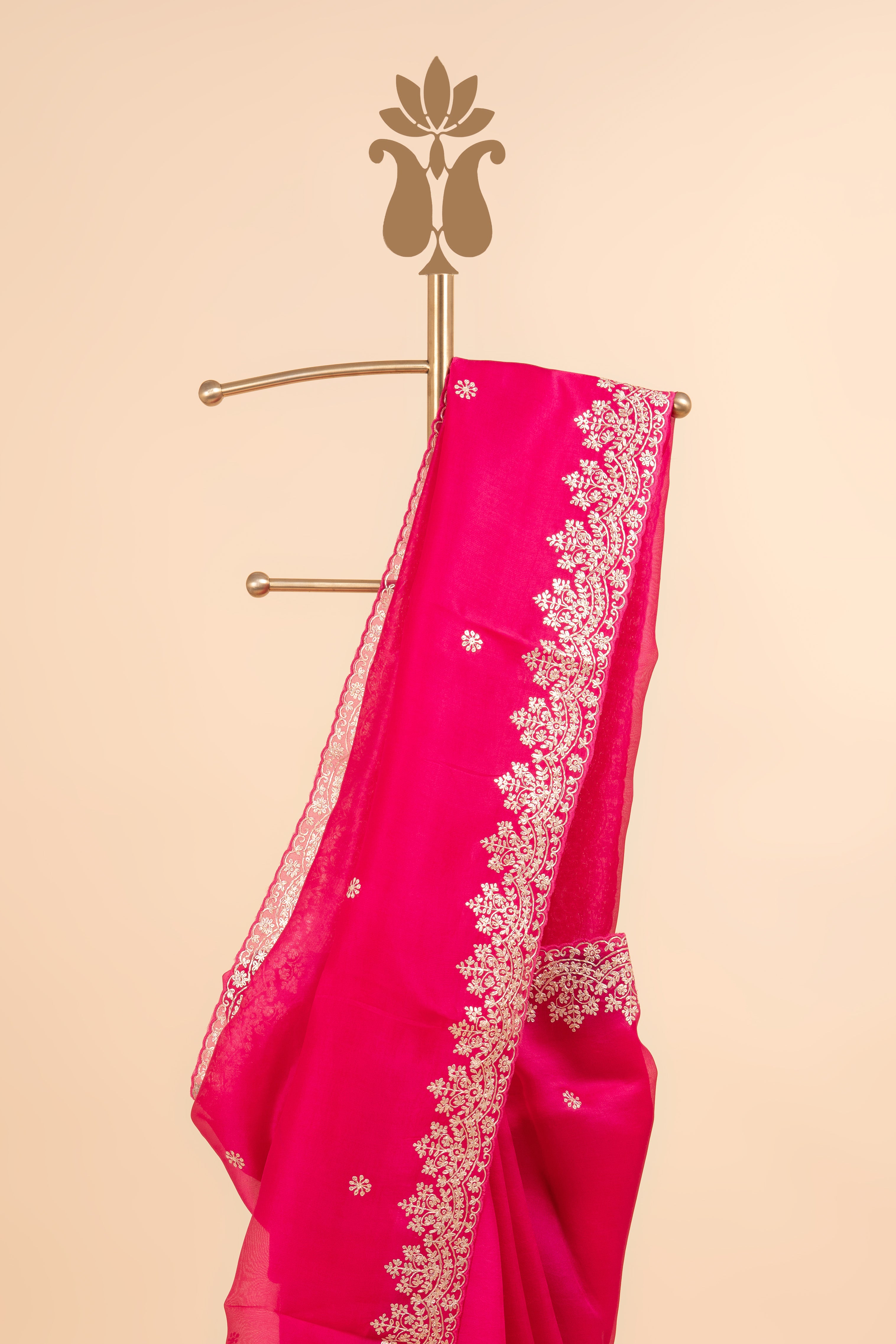 Rani Pink Pitta Work Organza Saree