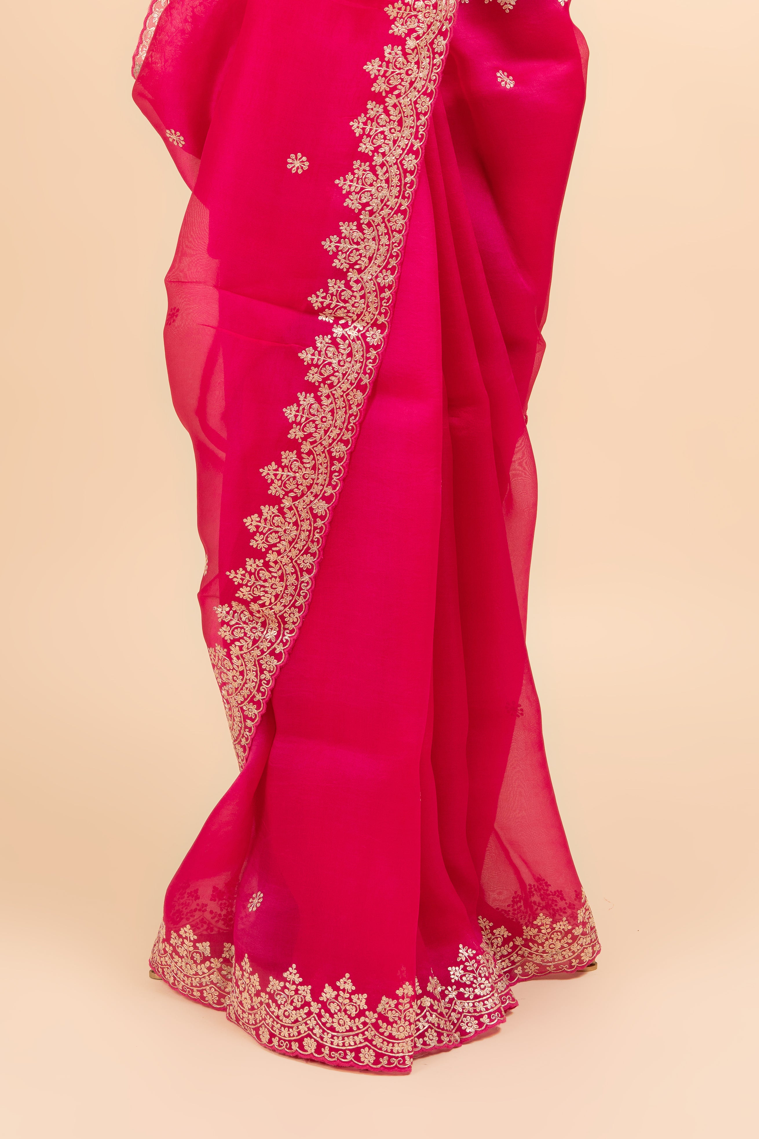 Rani Pink Pitta Work Organza Saree