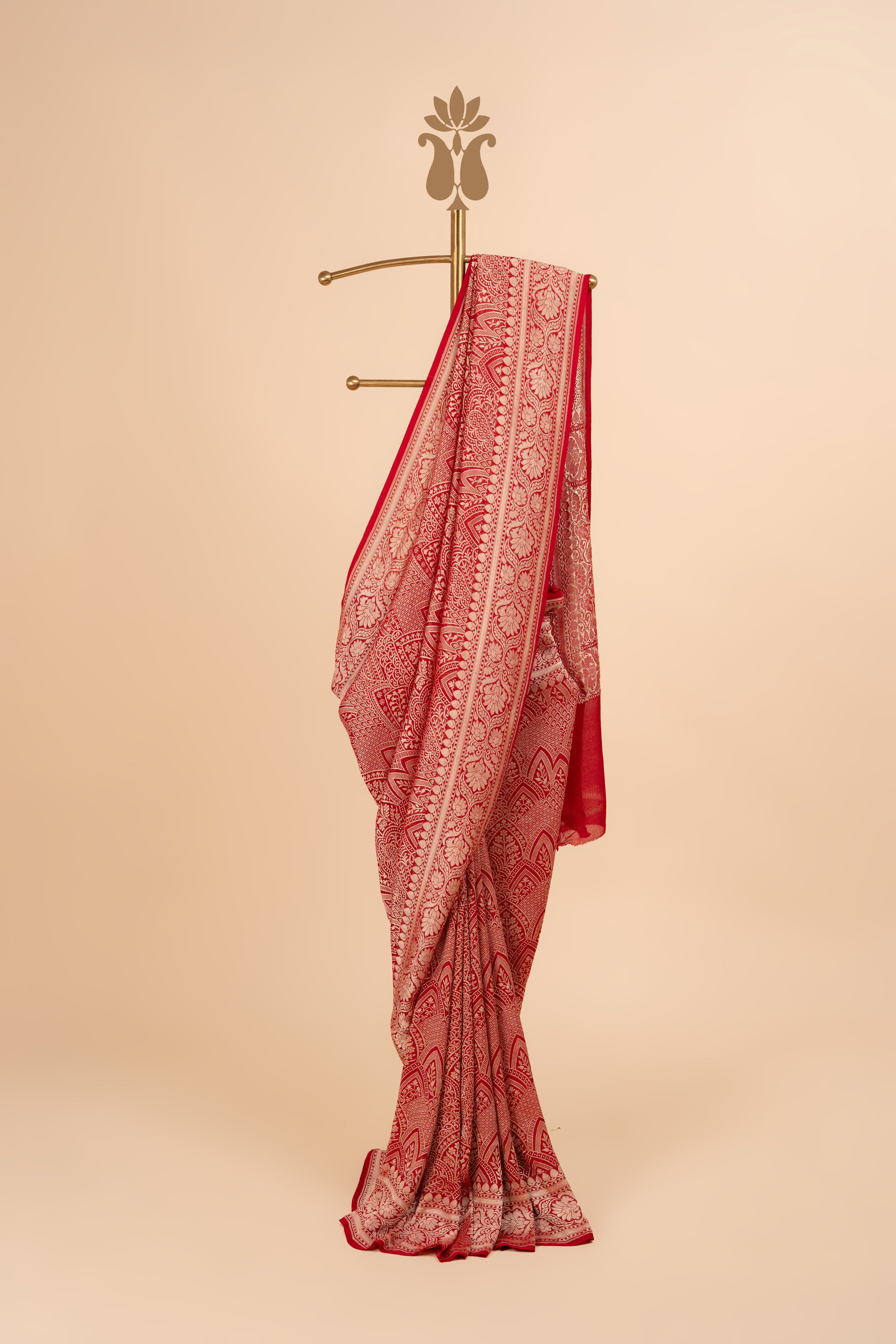 Red Heavy Georgette Banarasi Saree With Gold Zari Brocade
