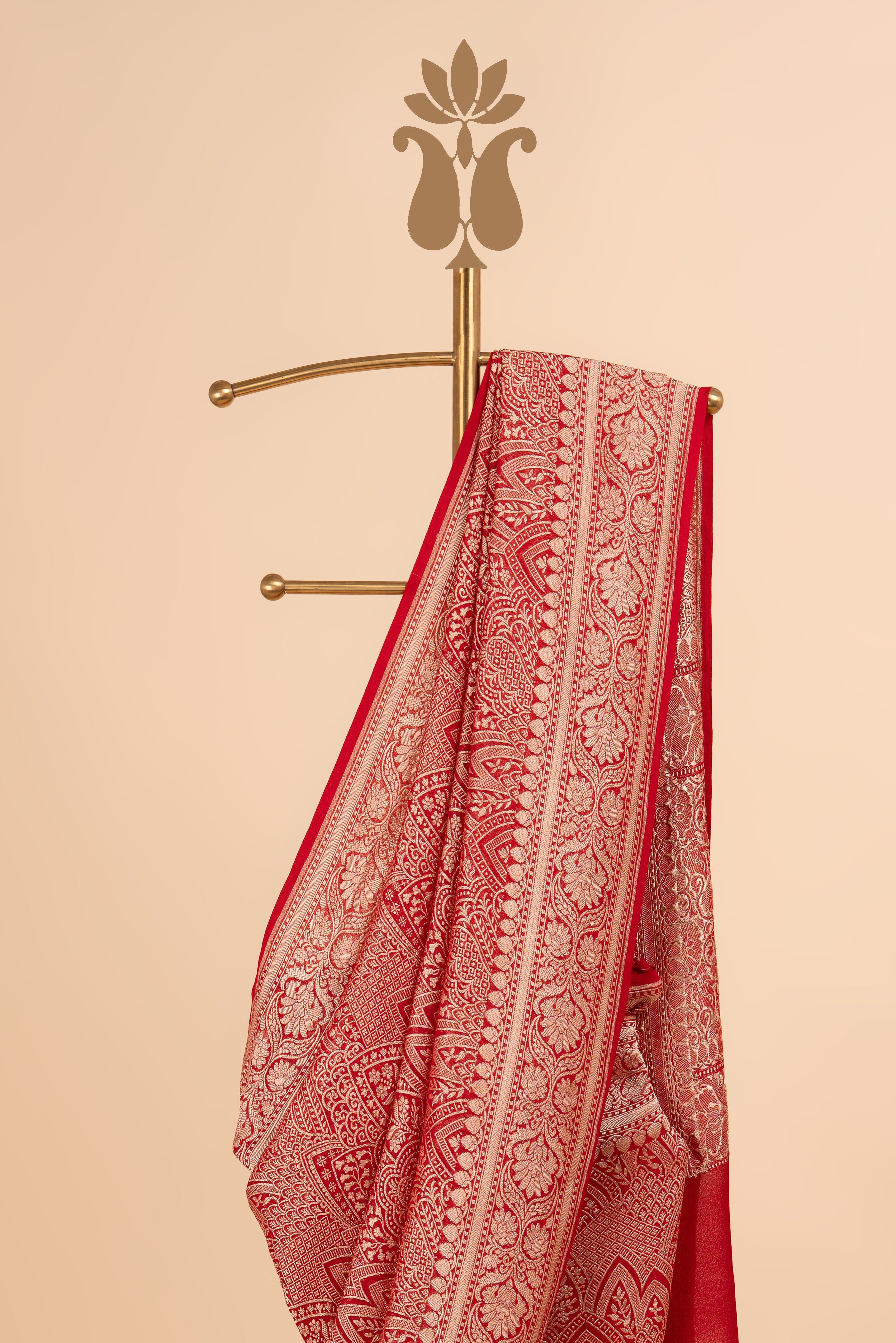 Red Heavy Georgette Banarasi Saree With Gold Zari Brocade