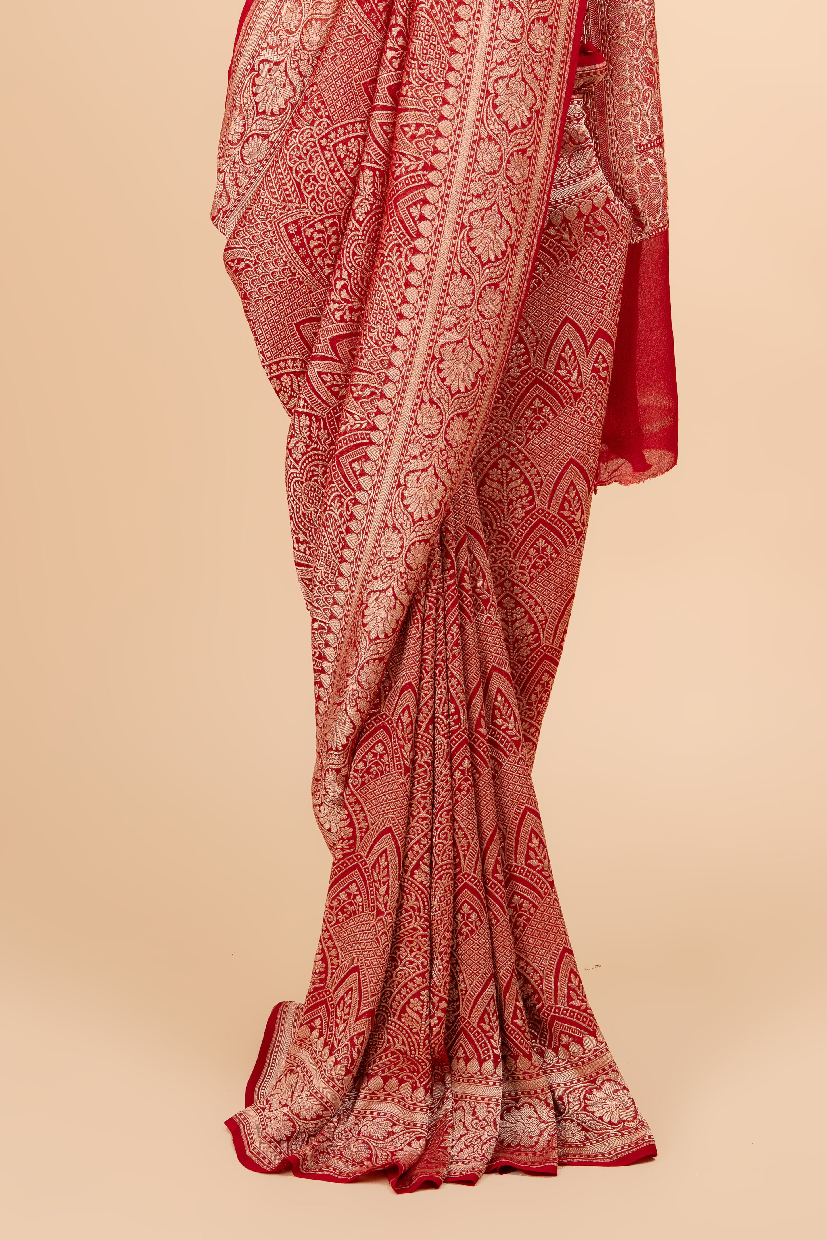 Red Heavy Georgette Banarasi Saree With Gold Zari Brocade