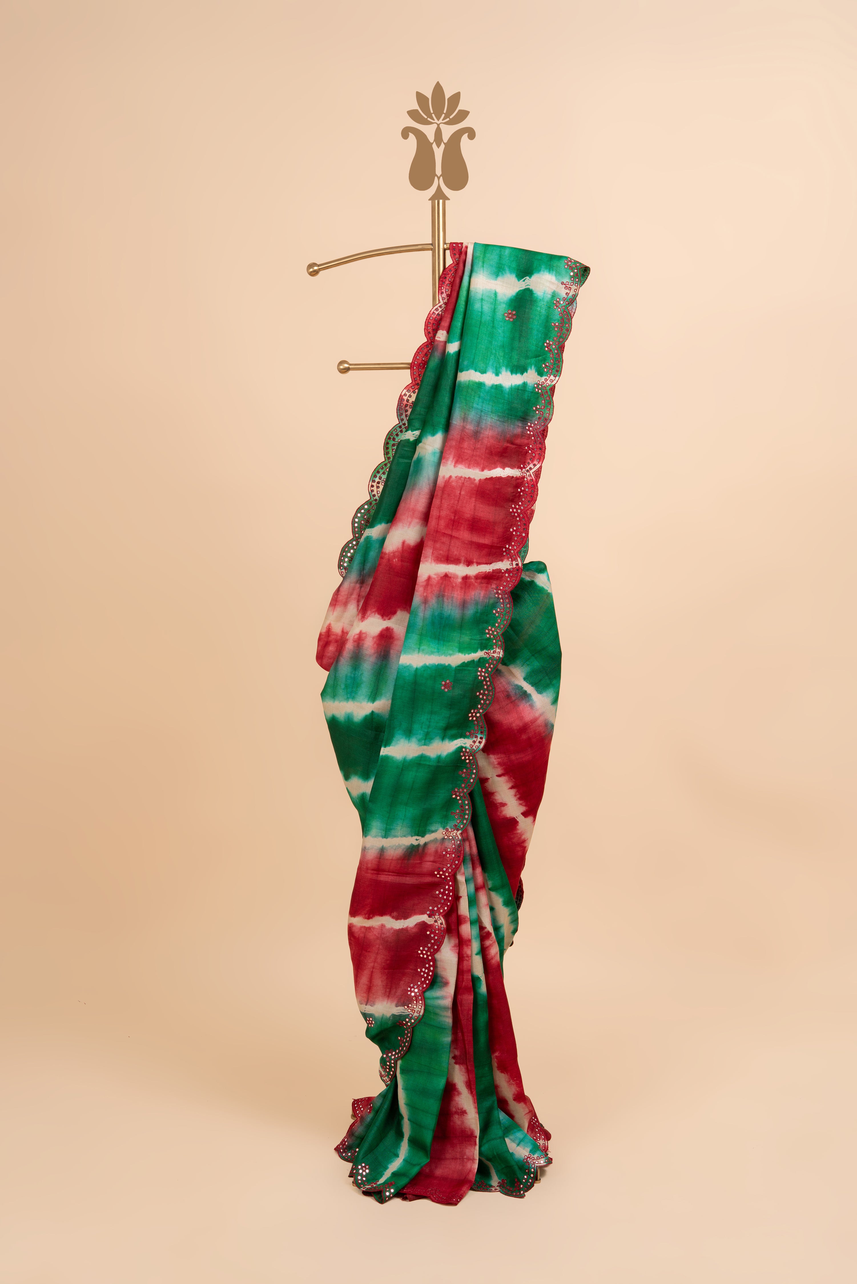 Red And Green Shaded Mirror Work Tussar Silk Saree