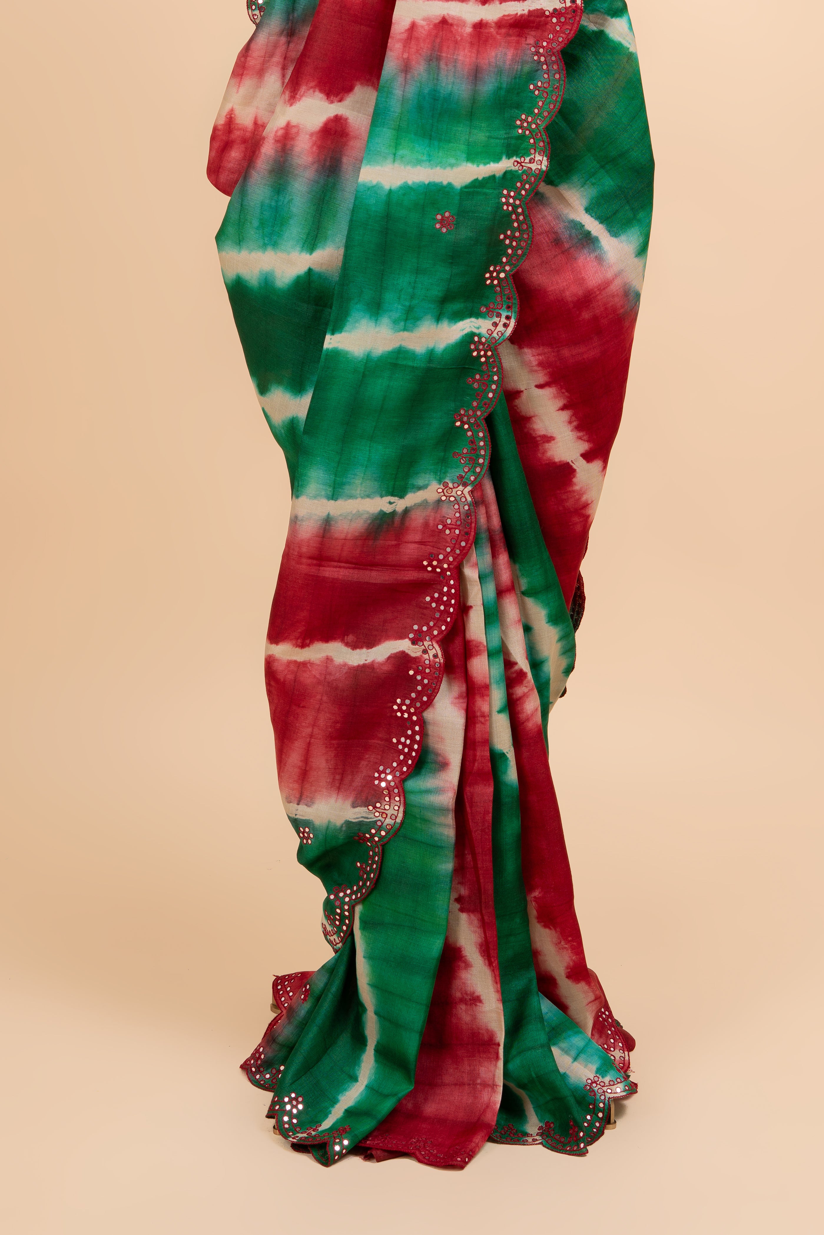 Red And Green Shaded Mirror Work Tussar Silk Saree