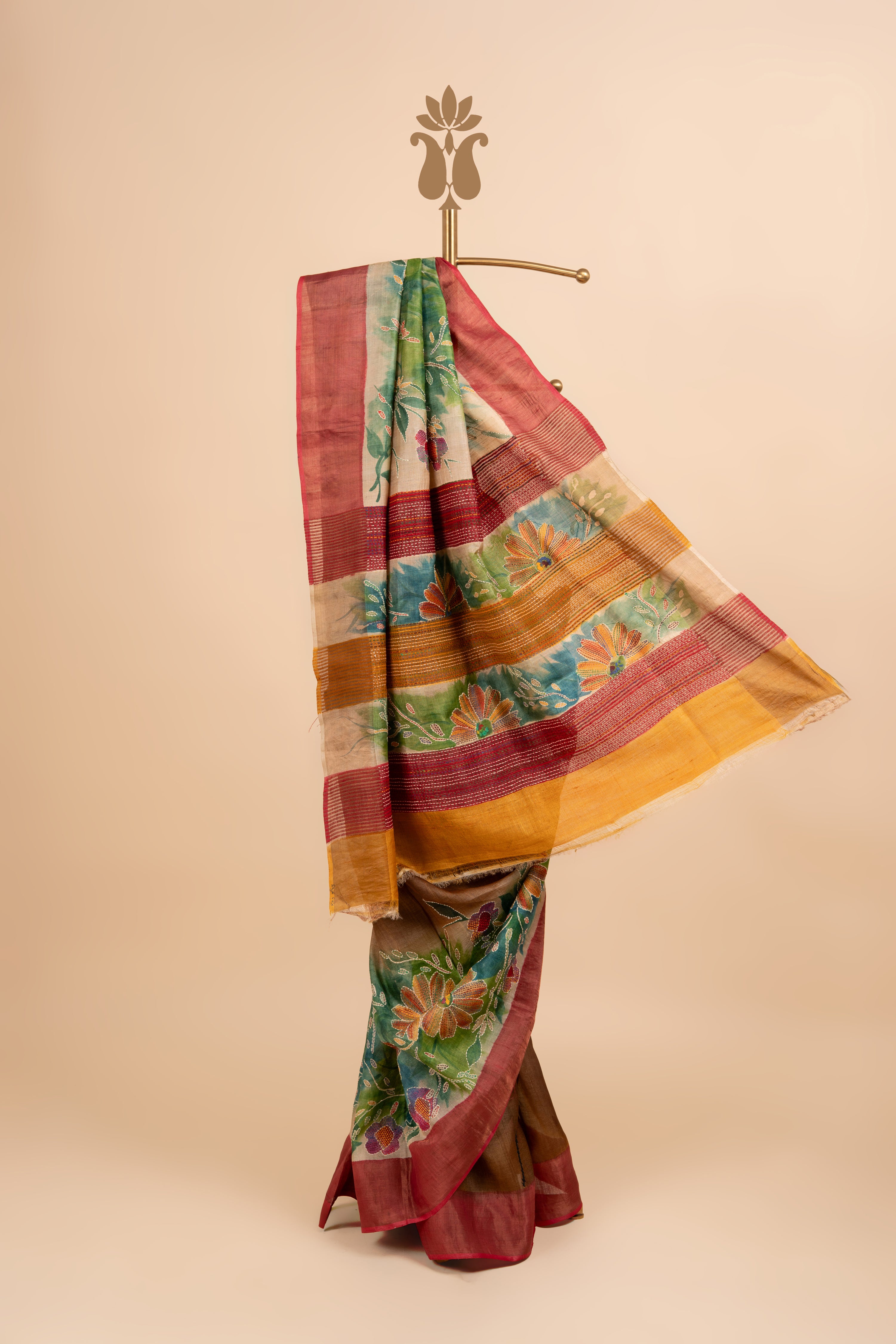 Rustic Brown Traditional Kantha And Kutch Work Saree