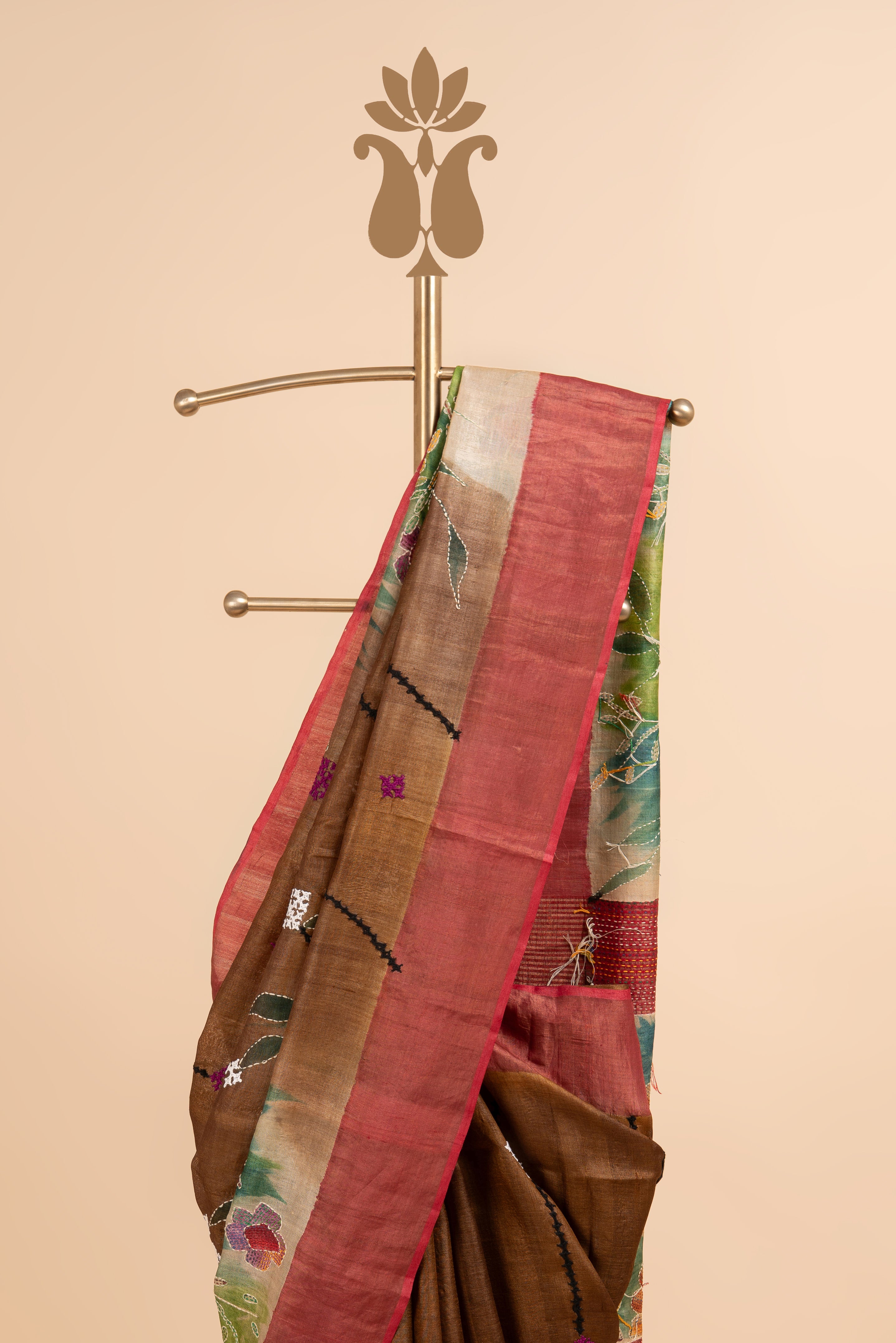 Rustic Brown Traditional Kantha And Kutch Work Saree