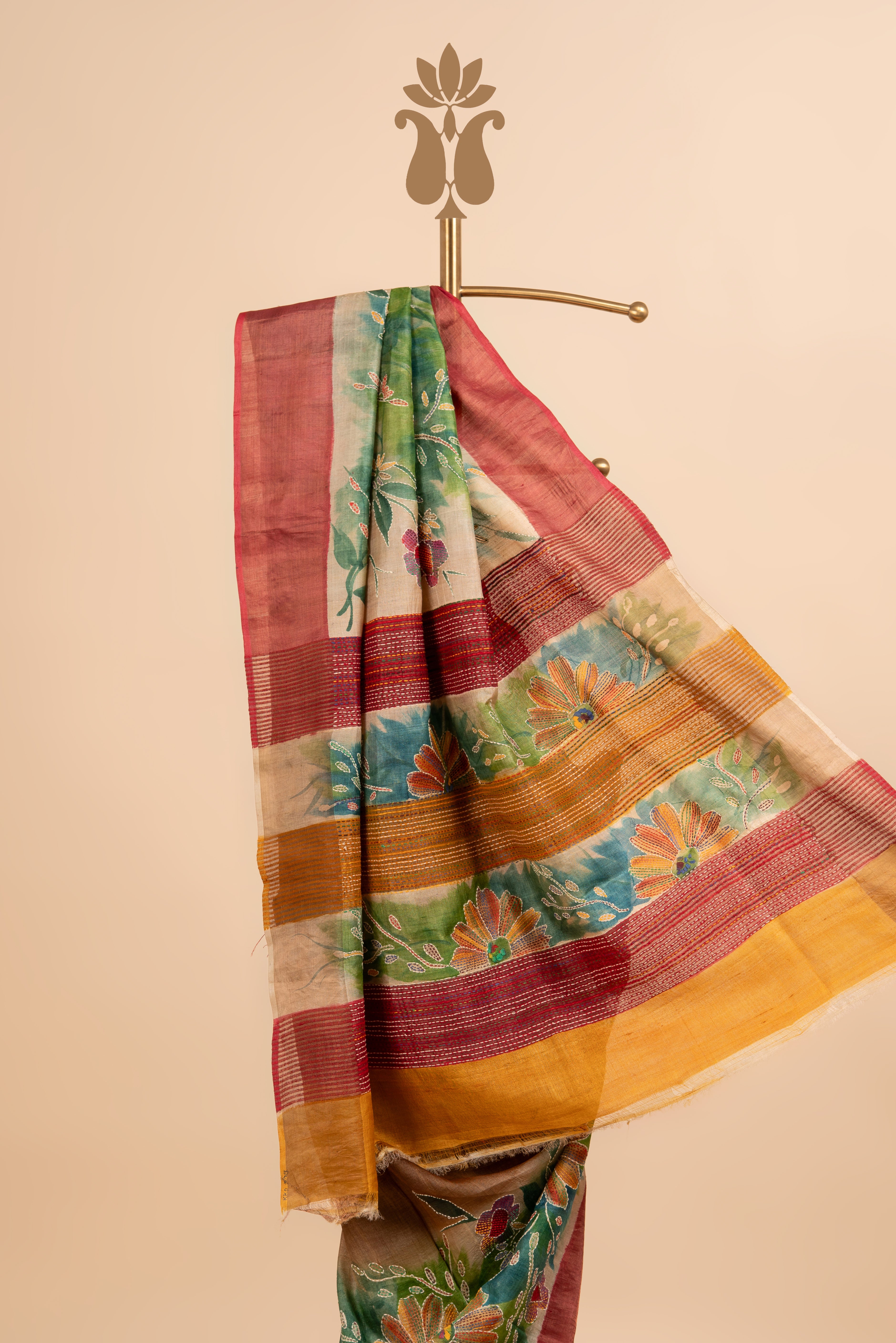Rustic Brown Traditional Kantha And Kutch Work Saree