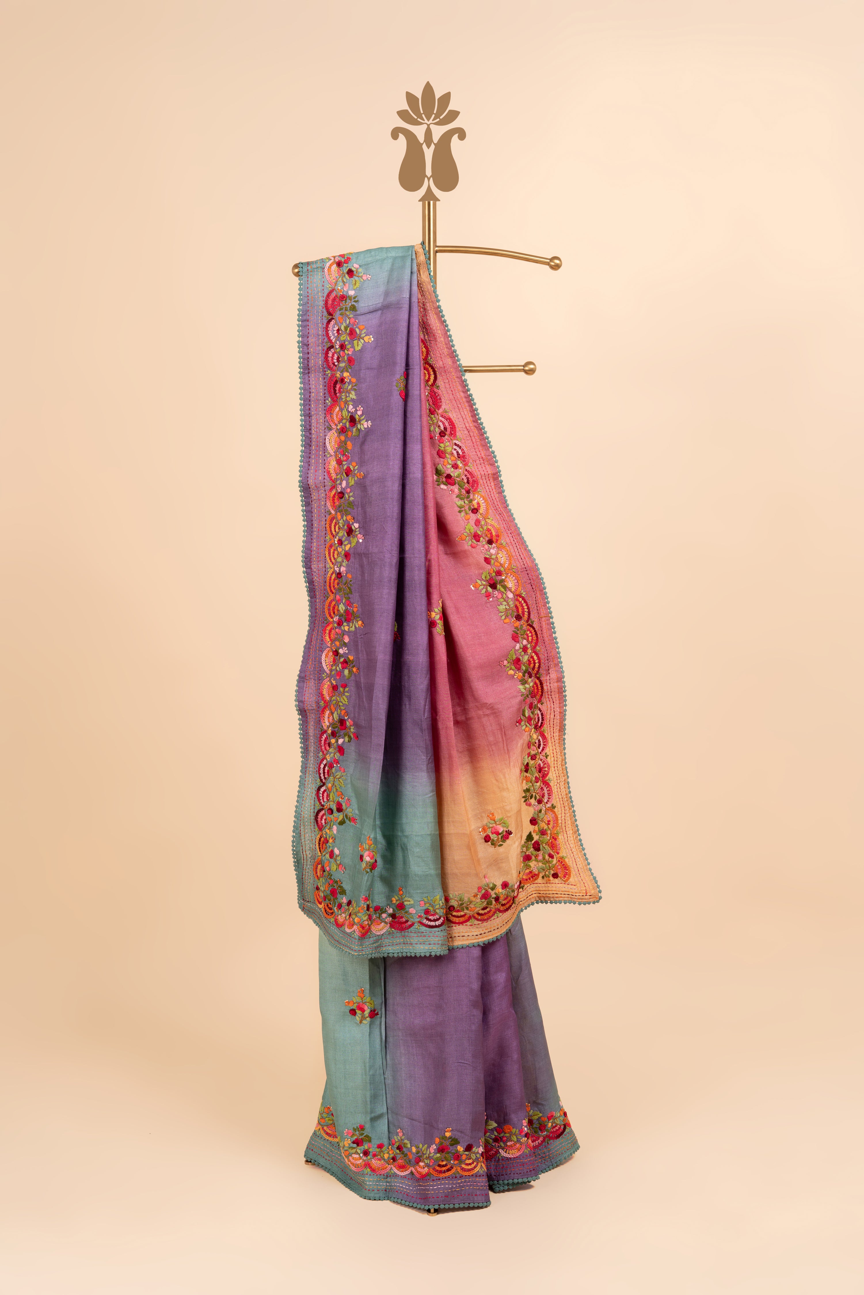 Shaded Tussar With Kantha Work Saree
