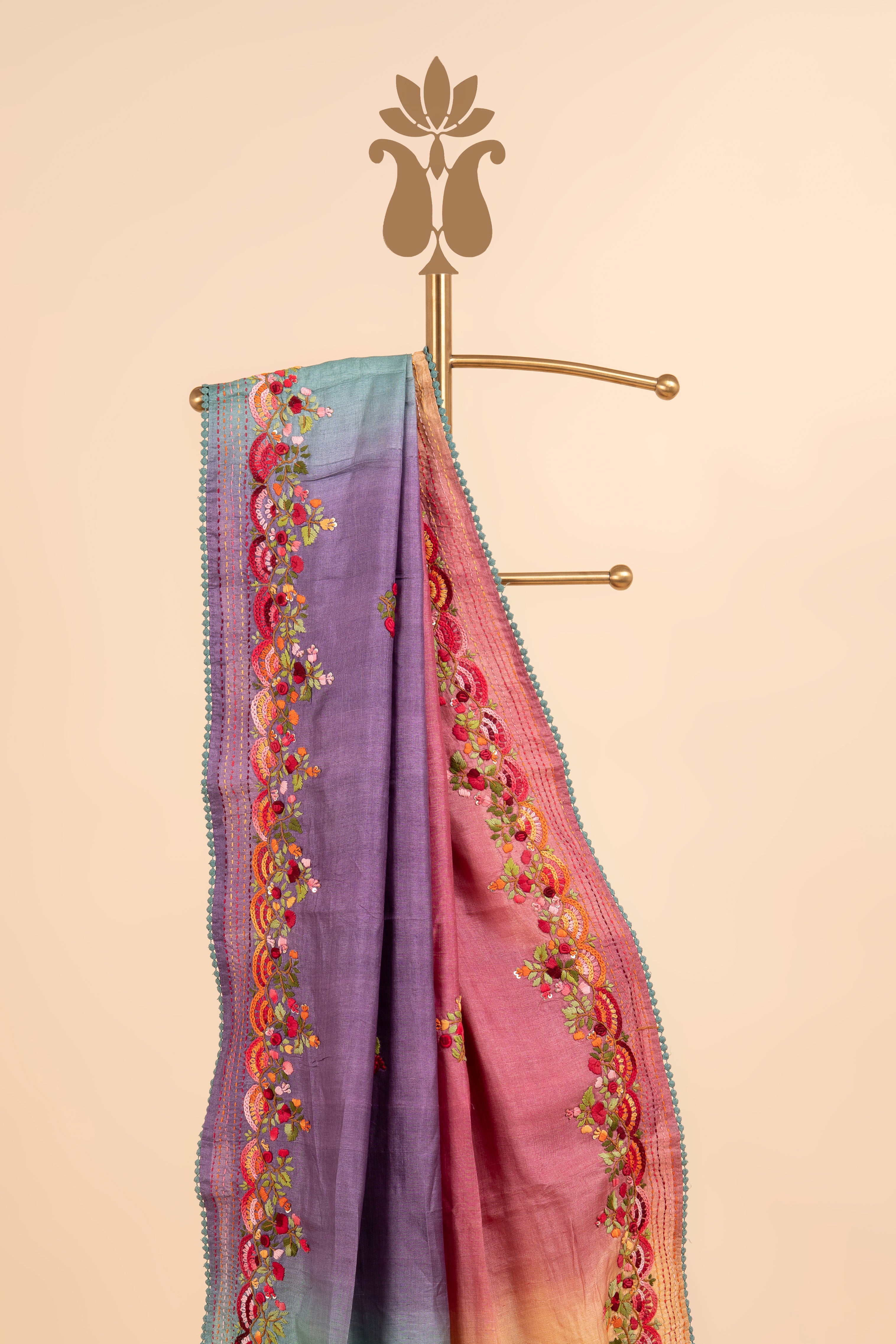 Shaded Tussar With Kantha Work Saree