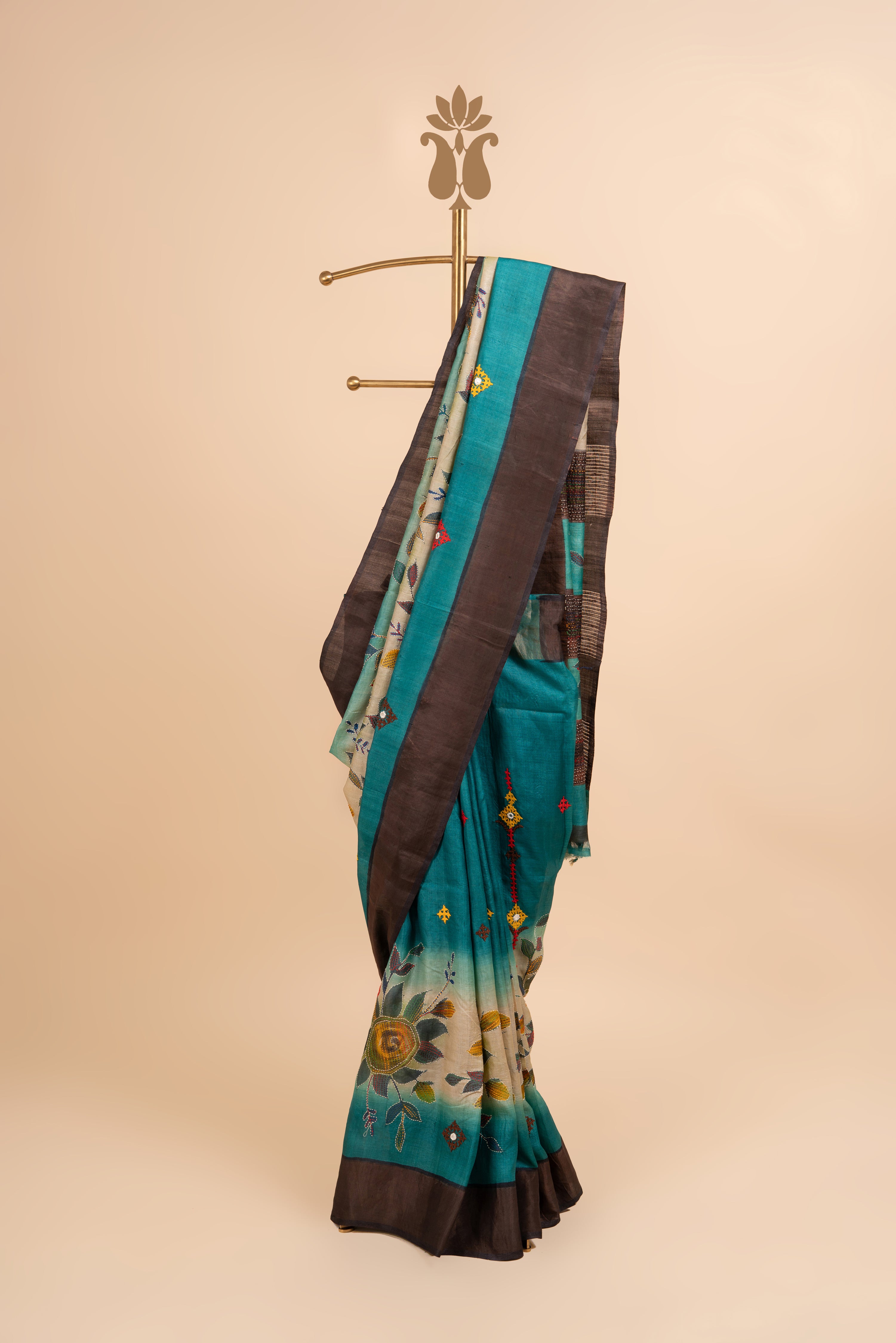 Teal Colored Kantha And Kutch Work Saree