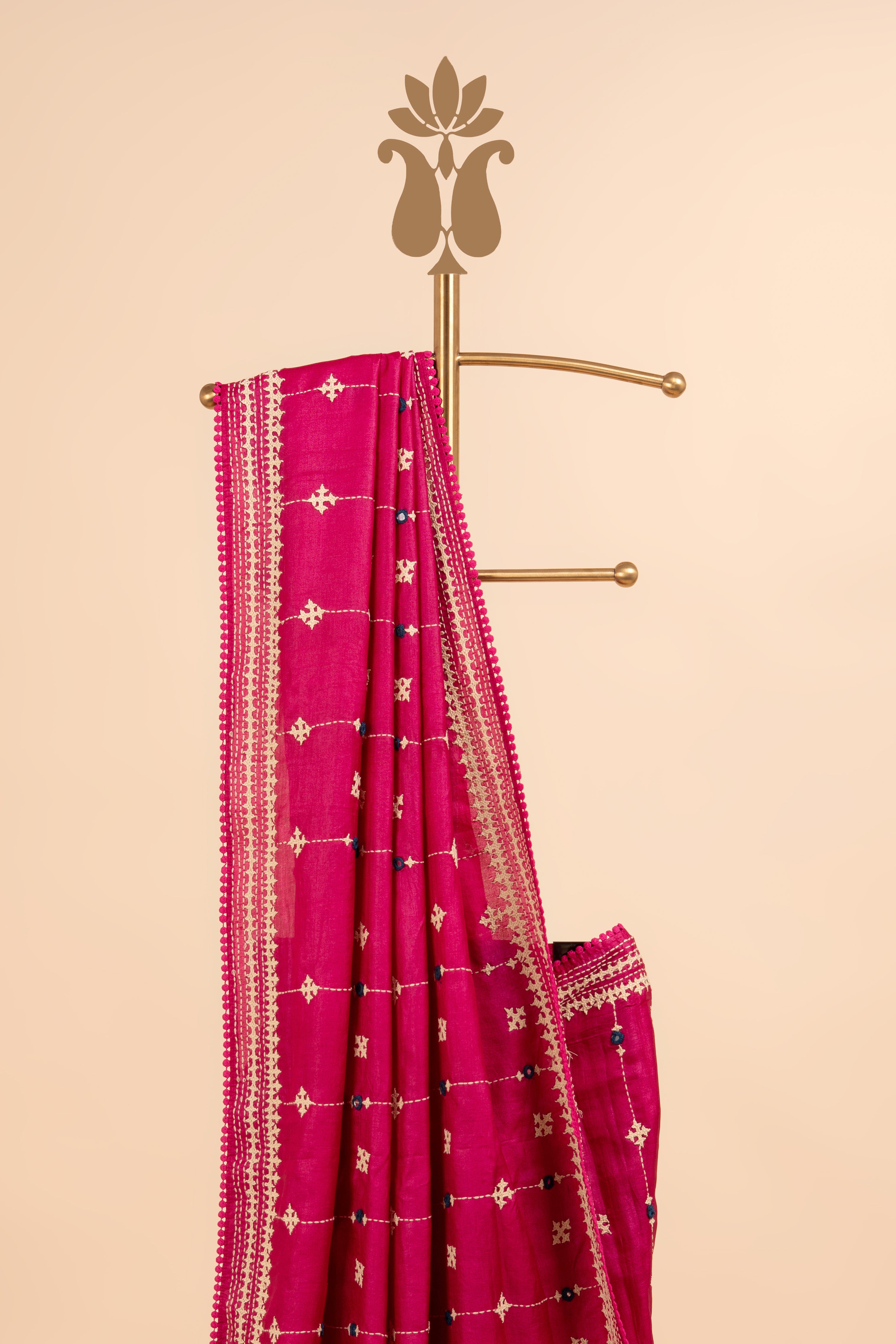 Traditional Pink Kantha Mirror Work Saree