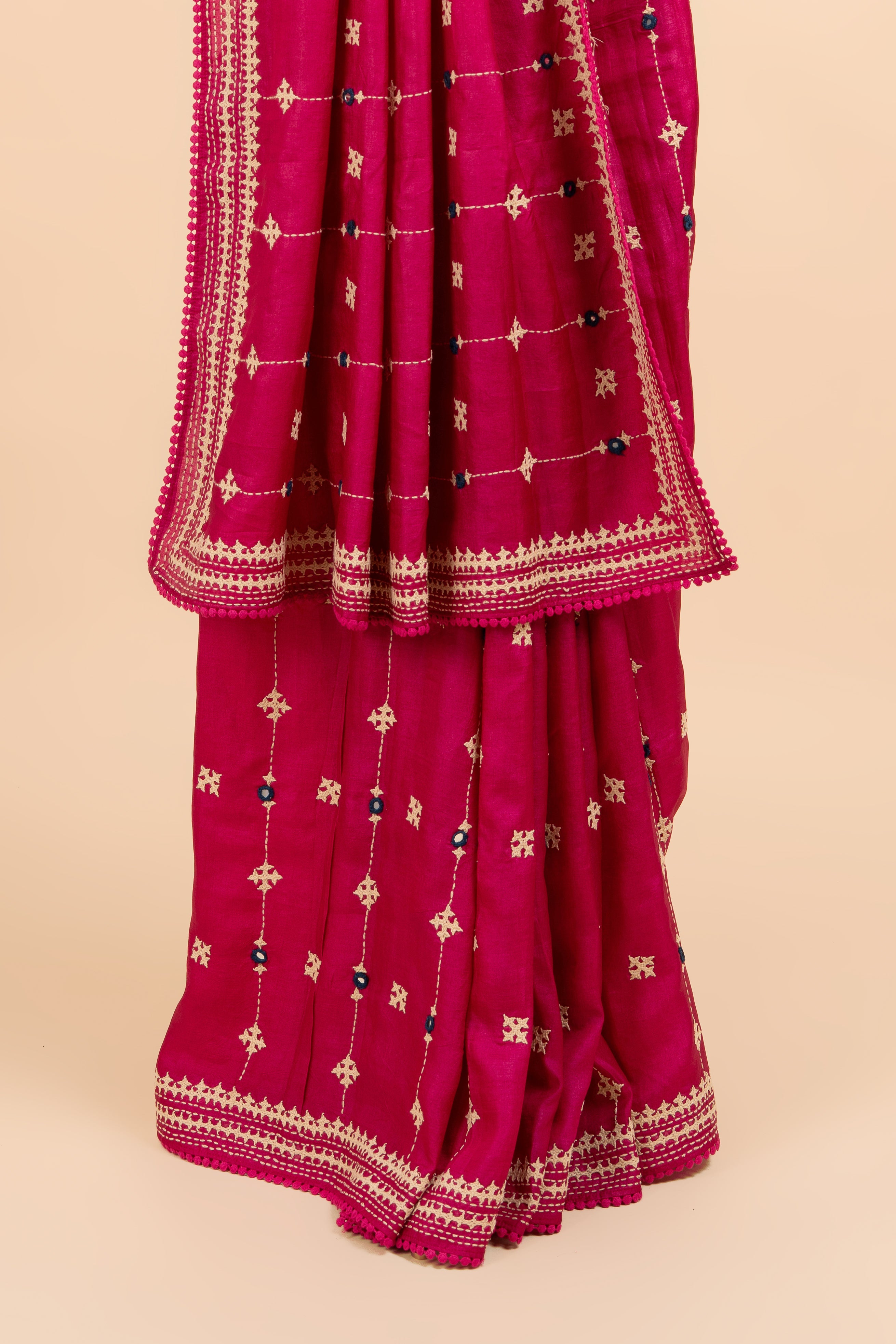 Traditional Pink Kantha Mirror Work Saree